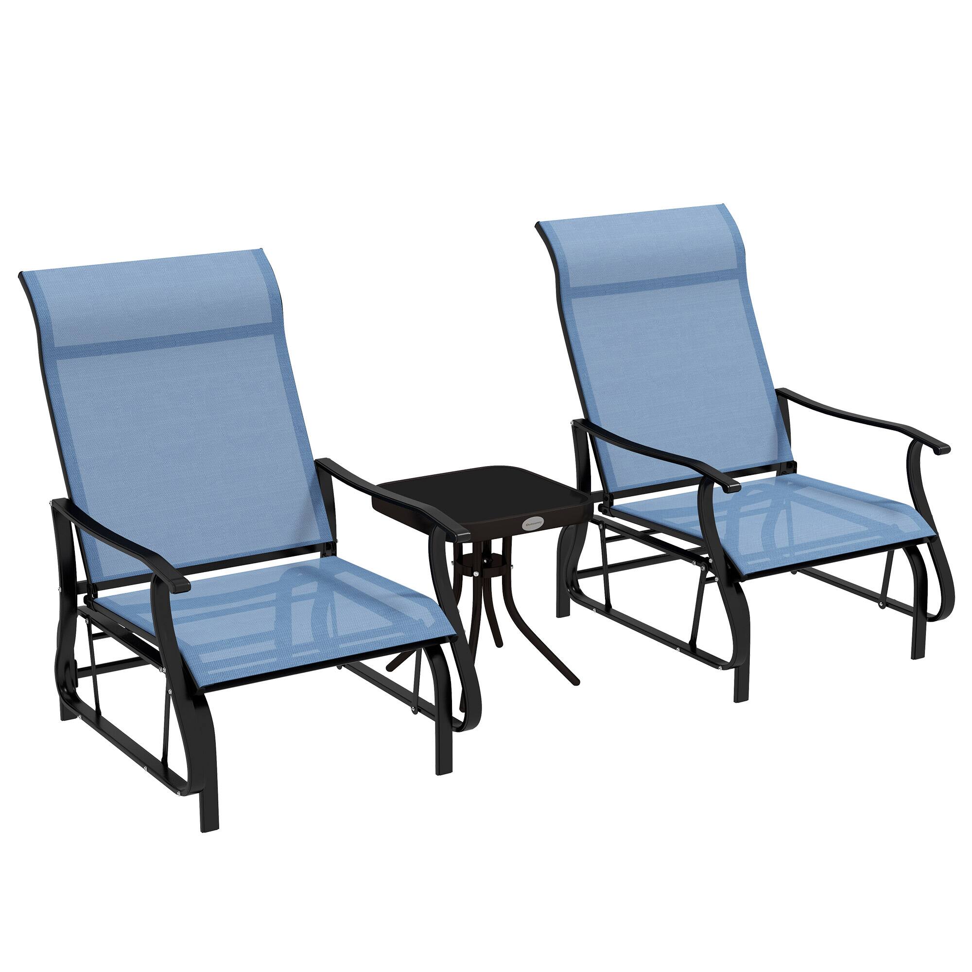 Front. Outsunny - 3-Piece Outdoor Gliders Set Bistro Set with Steel Frame, Tempered Glass Top Table for Patio, Garden, Backyard, Lawn - Light Blue.