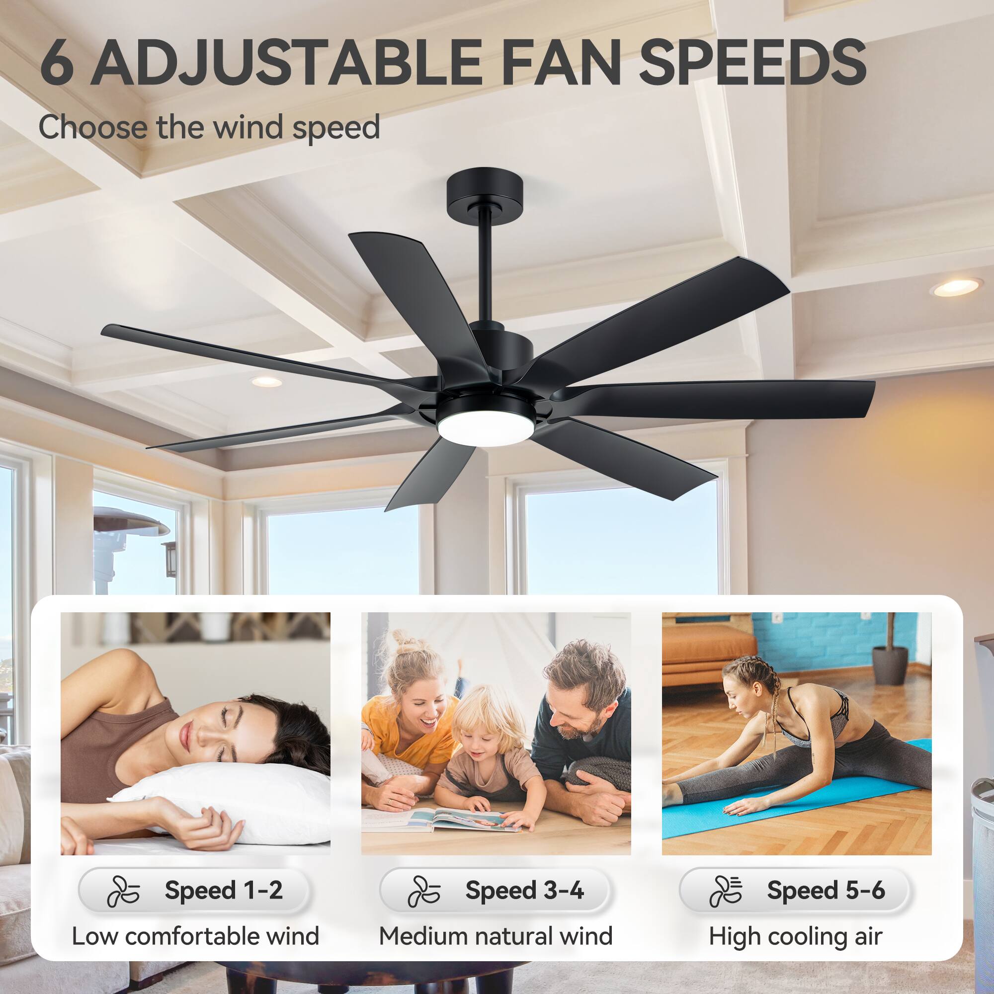 6 ADJUSTABLE FAN SPEEDS

Choose the wind speed

Speed 1-2 Low comfortable wind
Speed 3-4 Medium natural wind
Speed 5-6 High cooling air