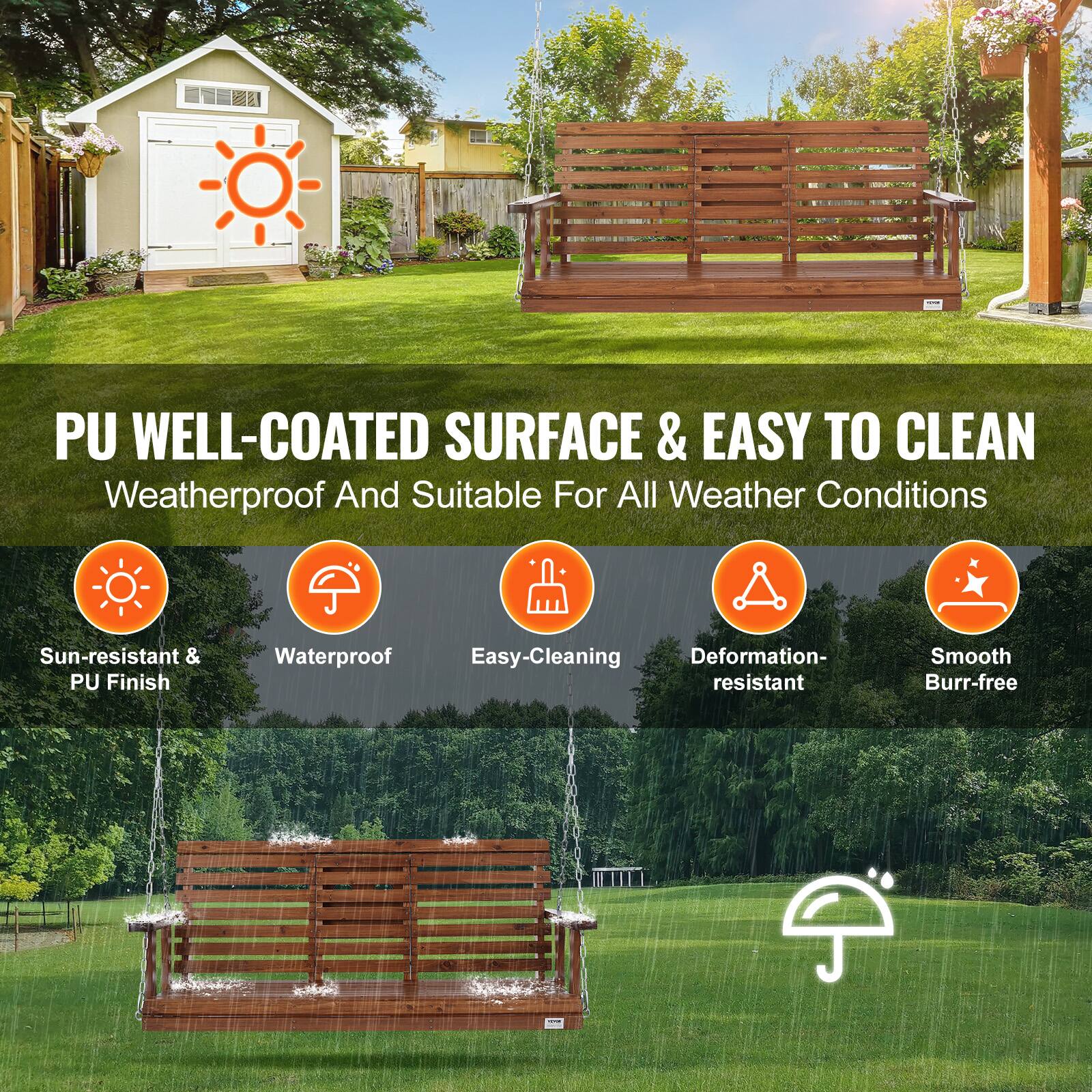 PU WELL-COATED SURFACE & EASY TO CLEAN

Weatherproof And Suitable For All Weather Conditions

- Sun-resistant & PU Finish
- Waterproof
- Easy-Cleaning
- Deformation-resistant
- Smooth
- Burr-free