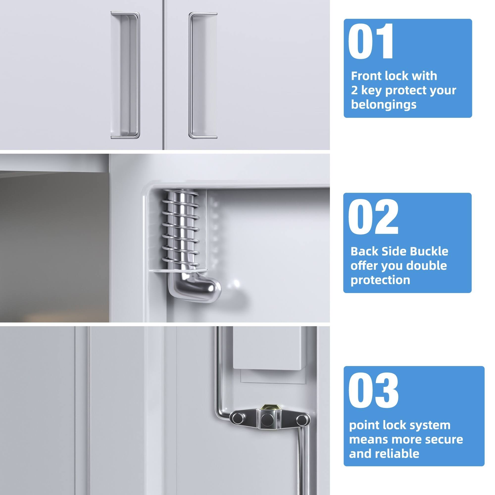 01 Front lock with 2 key protect your belongings  
02 Back Side Buckle offer you double protection  
03 point lock system means more secure and reliable