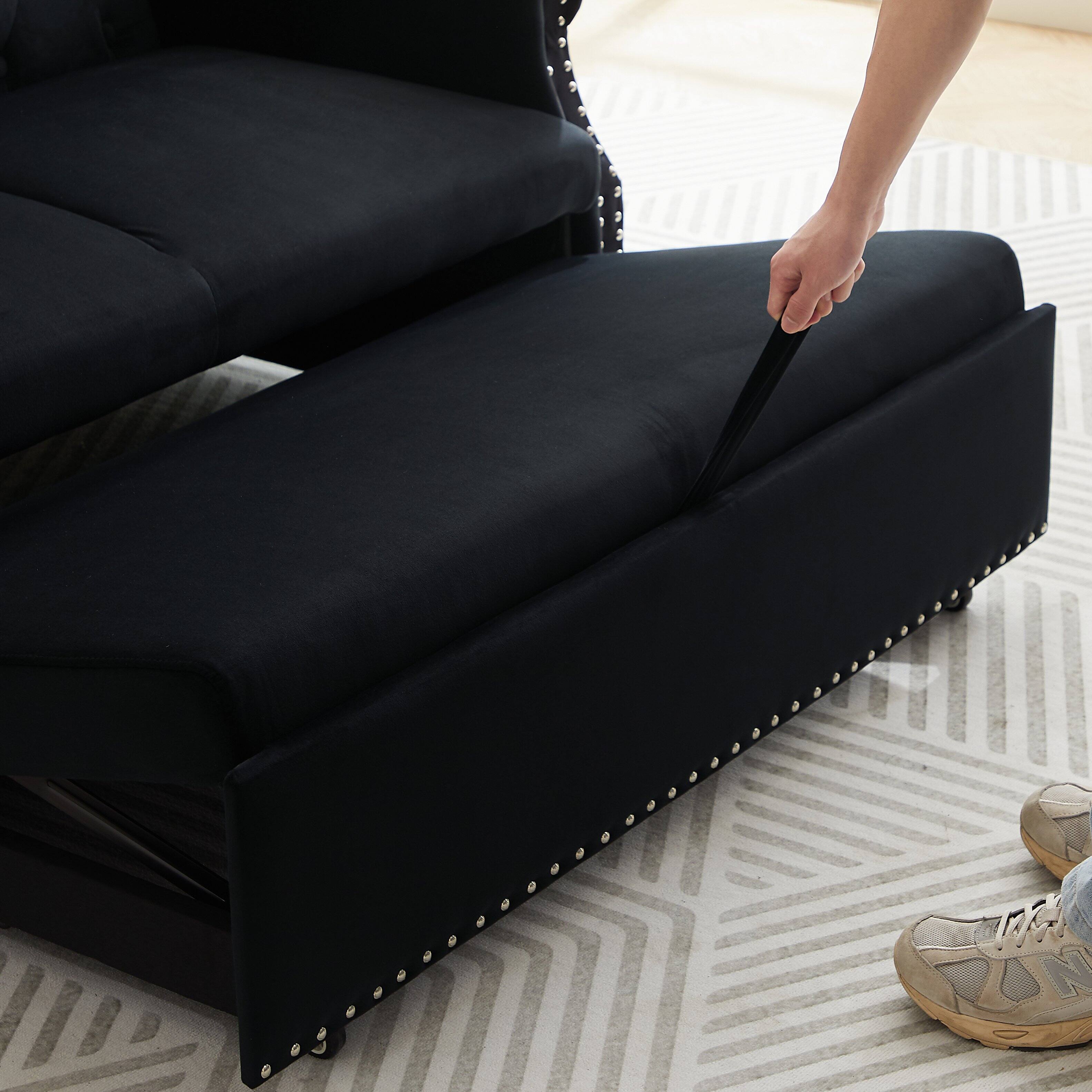 Alt View 5. Tiramisubest - Modern Velvet Convertible Loveseat Sleeper Sofa with 2 Lumbar Pillows,Adjustable Pull-Out Bed,Removable Armrest,Black - Black.