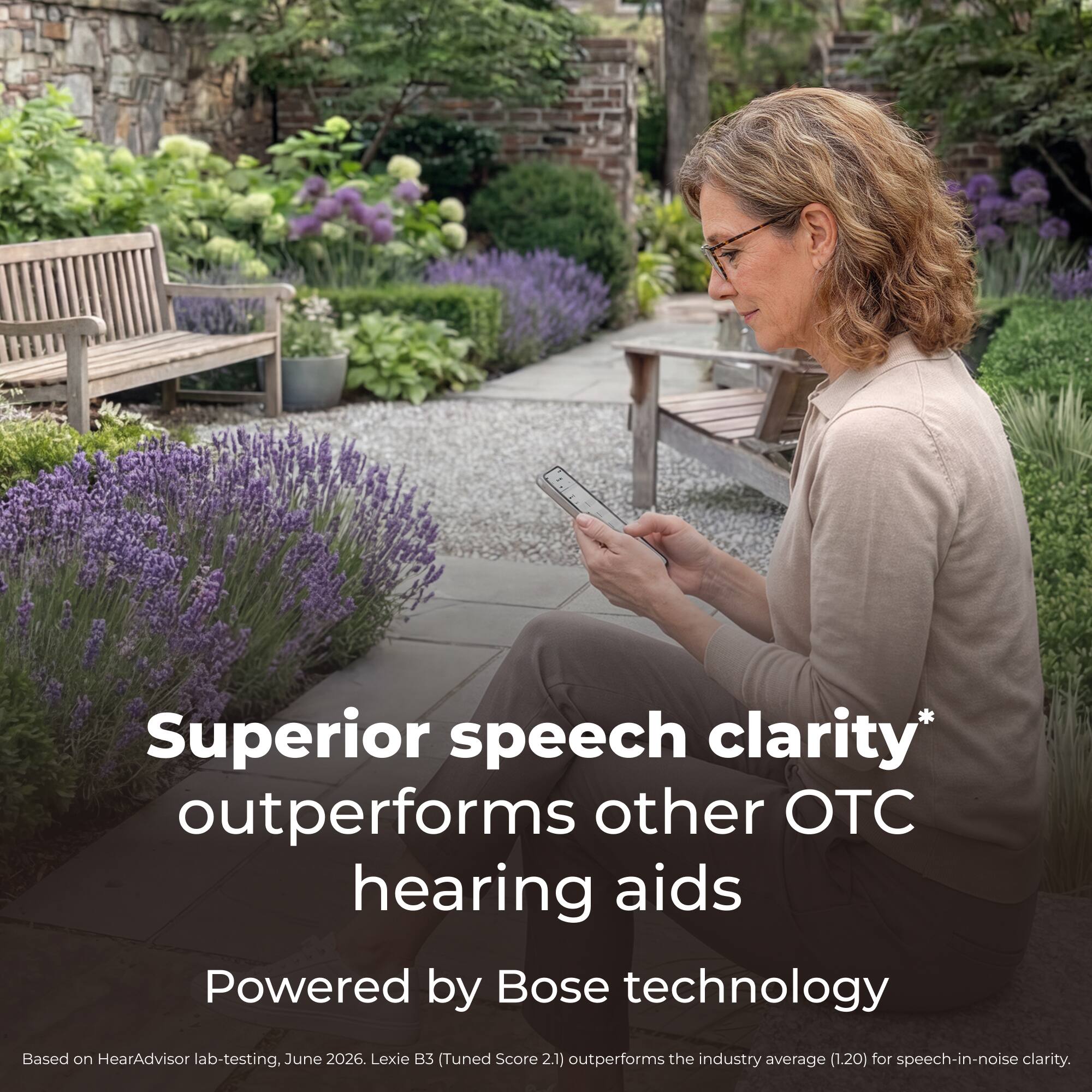 Superior speech clarity* outperforms other OTC hearing aids  
Powered by Bose technology  
Based on HearAdvisor lab-testing, June 2026. Lexie B3 (Tuned Score 2.1) outperforms the industry average (1.20) for speech-in-noise clarity.