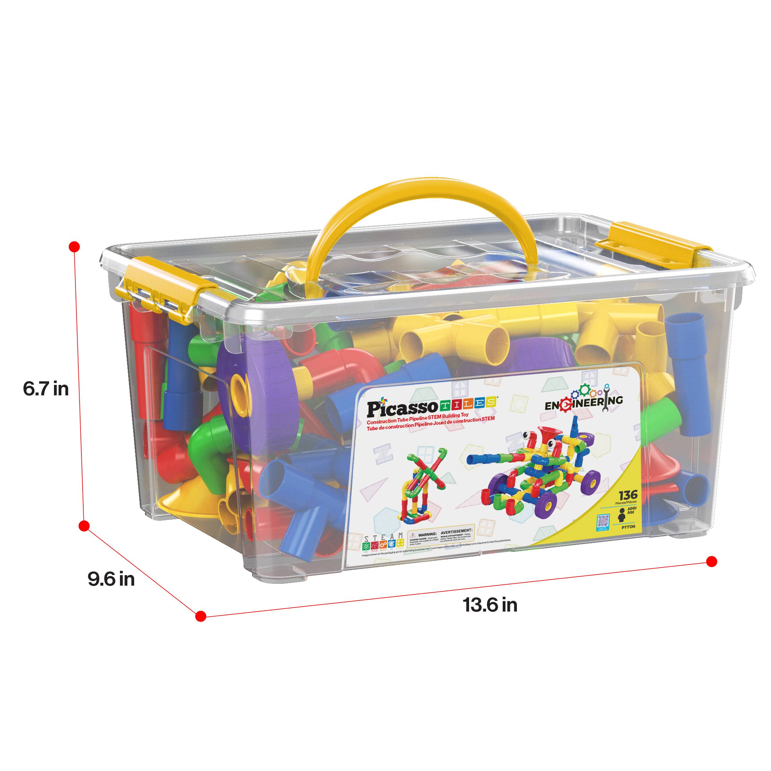 6.7 in  
9.6 in  
13.6 in  

PicassoTiles  
Engineering  
136 pieces  
STEM Building Toy