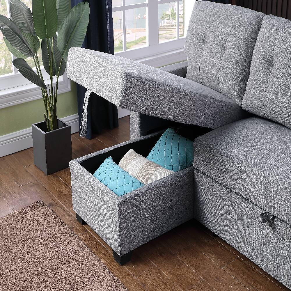 Alt View 1. Loheer - Loheer Pull Out Sectional Sofa Upholstered Sleeper Sofa with Storage Chaise Twin Size Loveseat - Grey.
