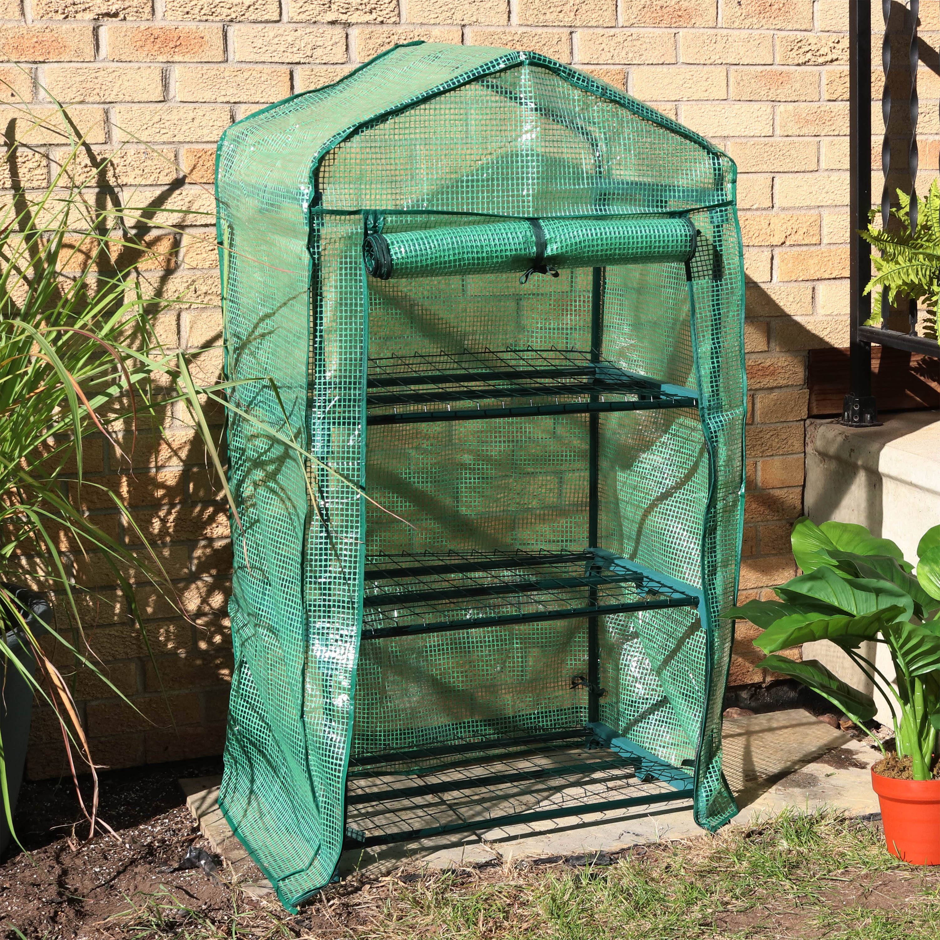 Alt View 3. Sunnydaze - Iron PVC Cover Mini Greenhouse with 3 Shelves/Zipper - Green.