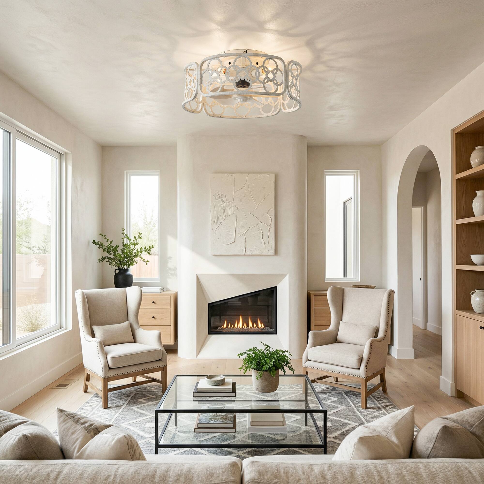 Angle. Vaczon - Ceiling Fan with Remote and Light, Iron Flush Mount, Vintage European Design for Living Room & Bedroom - Distressed White.