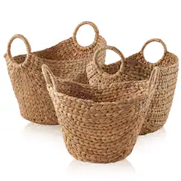 Casafield - Set of 3 Water Hyacinth Storage Boat Baskets - Woven Laundry Tote Bins - Cinnamon