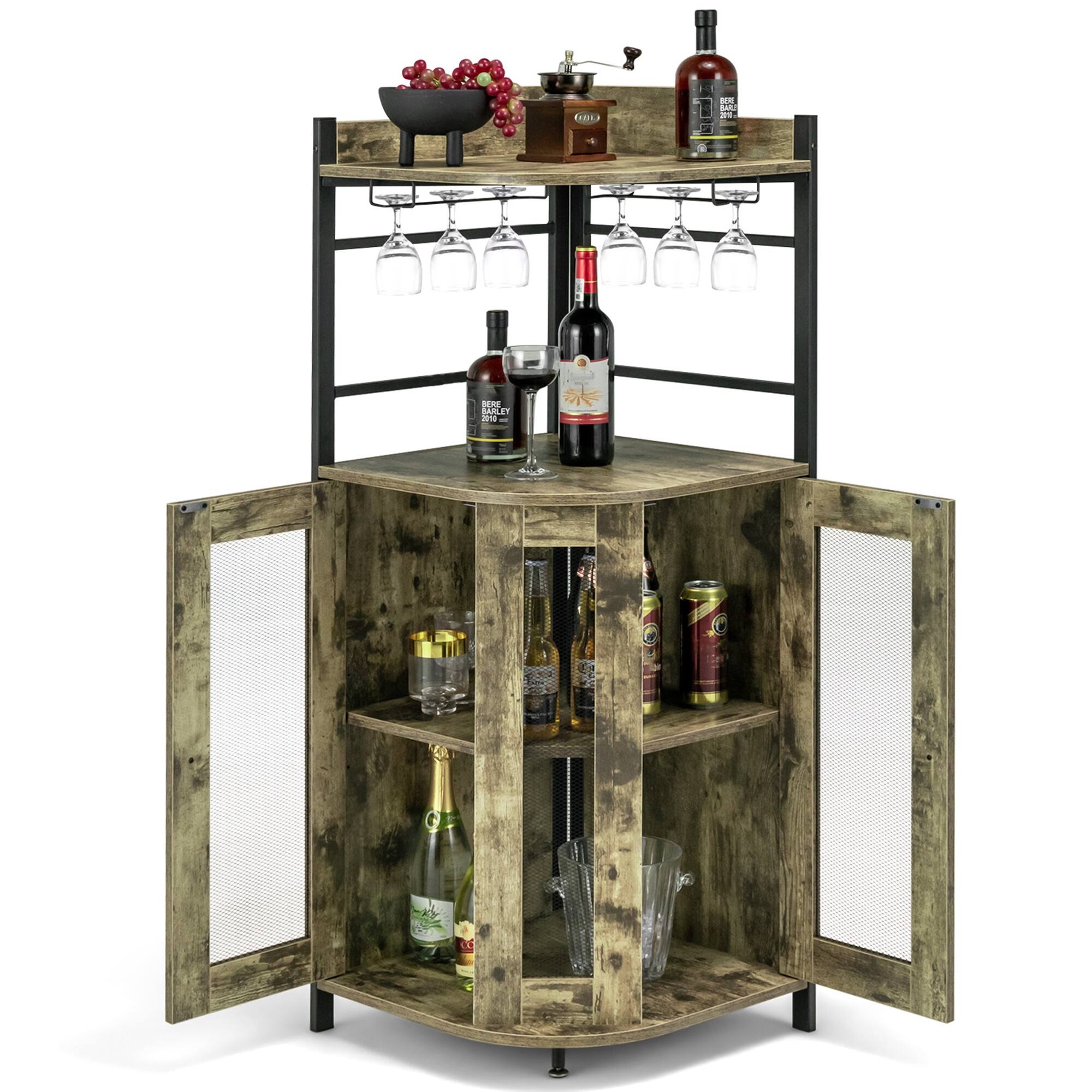 The image features a wooden bar cart with a variety of drinks and glassware. There are multiple bottles of wine and liquor, as well as several wine glasses and cups. The bar cart is designed to hold and display these items in an organized and visually appealing manner. The arrangement of the drinks and glassware creates an inviting atmosphere for guests to enjoy their beverages.