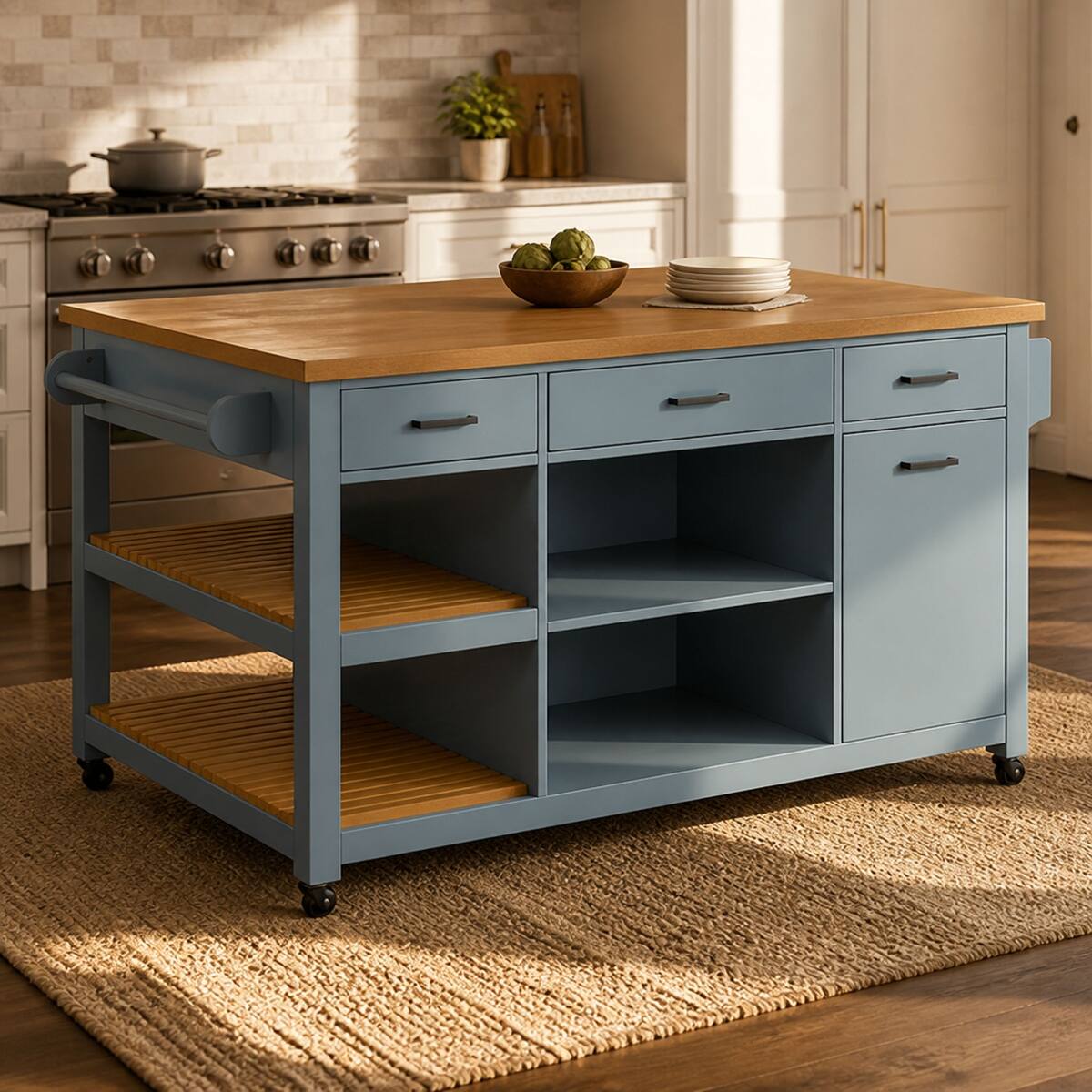 Left. Loheer - Loheer 52 inch kitchen island cart rubber wood top rolling kitchen island with storage drawers - Blue Gray.