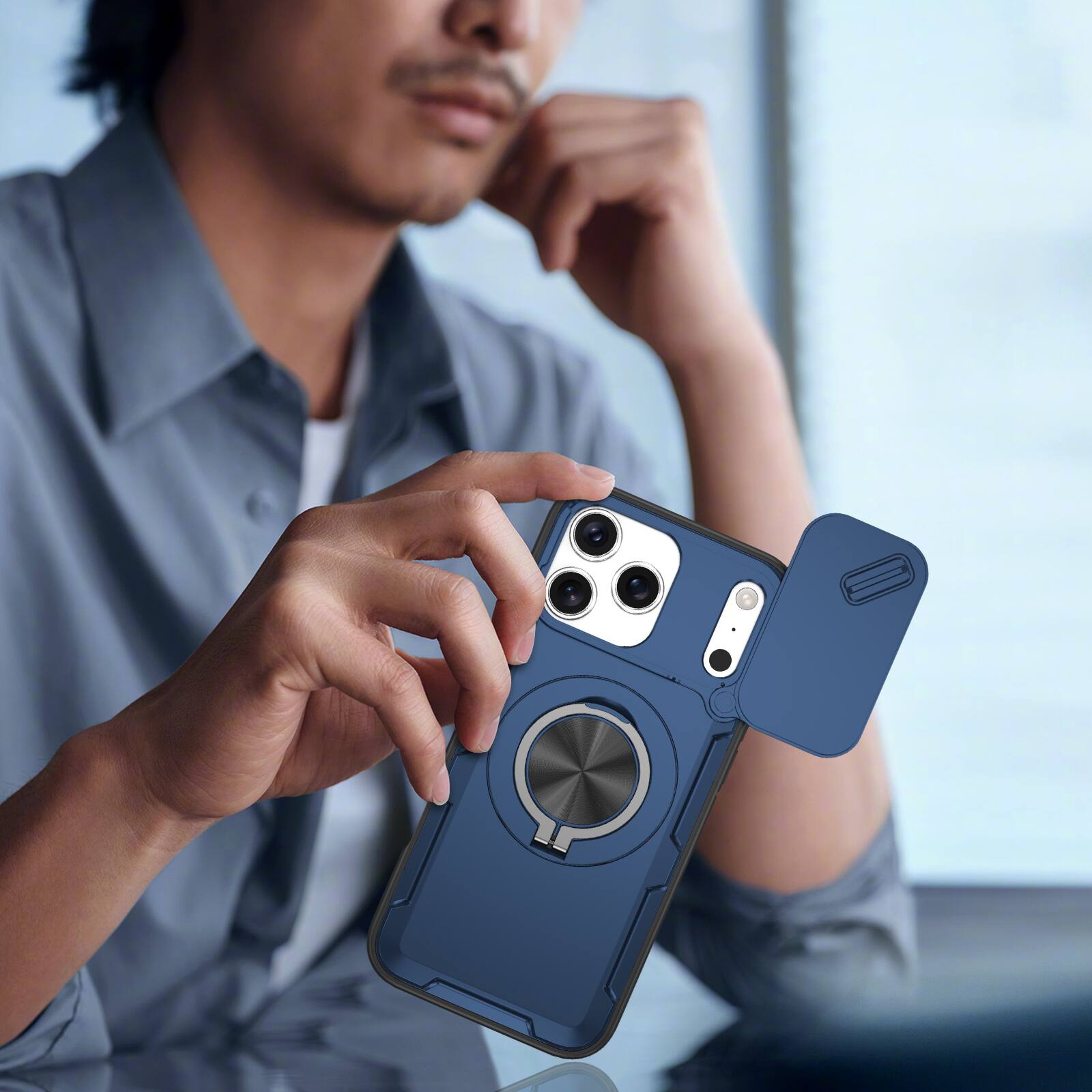 Alt View 4. Dteck - Rotating Ring Kickstand For iPhone 17 Pro Max Case, Magnetic Shockproof Hard PC TPU Bumper Cover - Darkblue.
