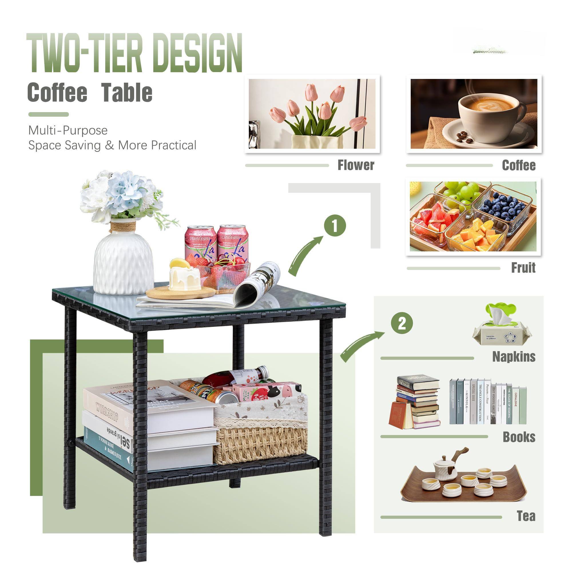 TWO-TIER DESIGN  
Coffee Table  

Multi-Purpose  
Space Saving & More Practical  

1. Flower  
2. Coffee  
3. Fruit  
4. Napkins  
5. Books  
6. Tea