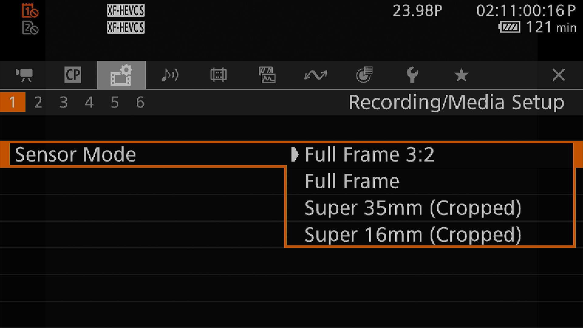 Sure, here is the corrected and grouped text from the image:

---

**XF-HEVCS**  
**XF-HEVCS**  

**23.98P**  
**02:11:00:16P**  
**121 min**  

**Recording/Media Setup**  

**Sensor Mode**  
- Full Frame 3:2  
- Full Frame  
- Super 35mm (Cropped)  
- Super 16mm (Cropped)  

---

**1 2 3 4 5 6**  
**CP**  
**Settings Icon**  
**Music Note**  
**Calendar Icon**  
**Graph Icon**  
**Power Icon**  
**Star Icon**  
**X Icon**  

---