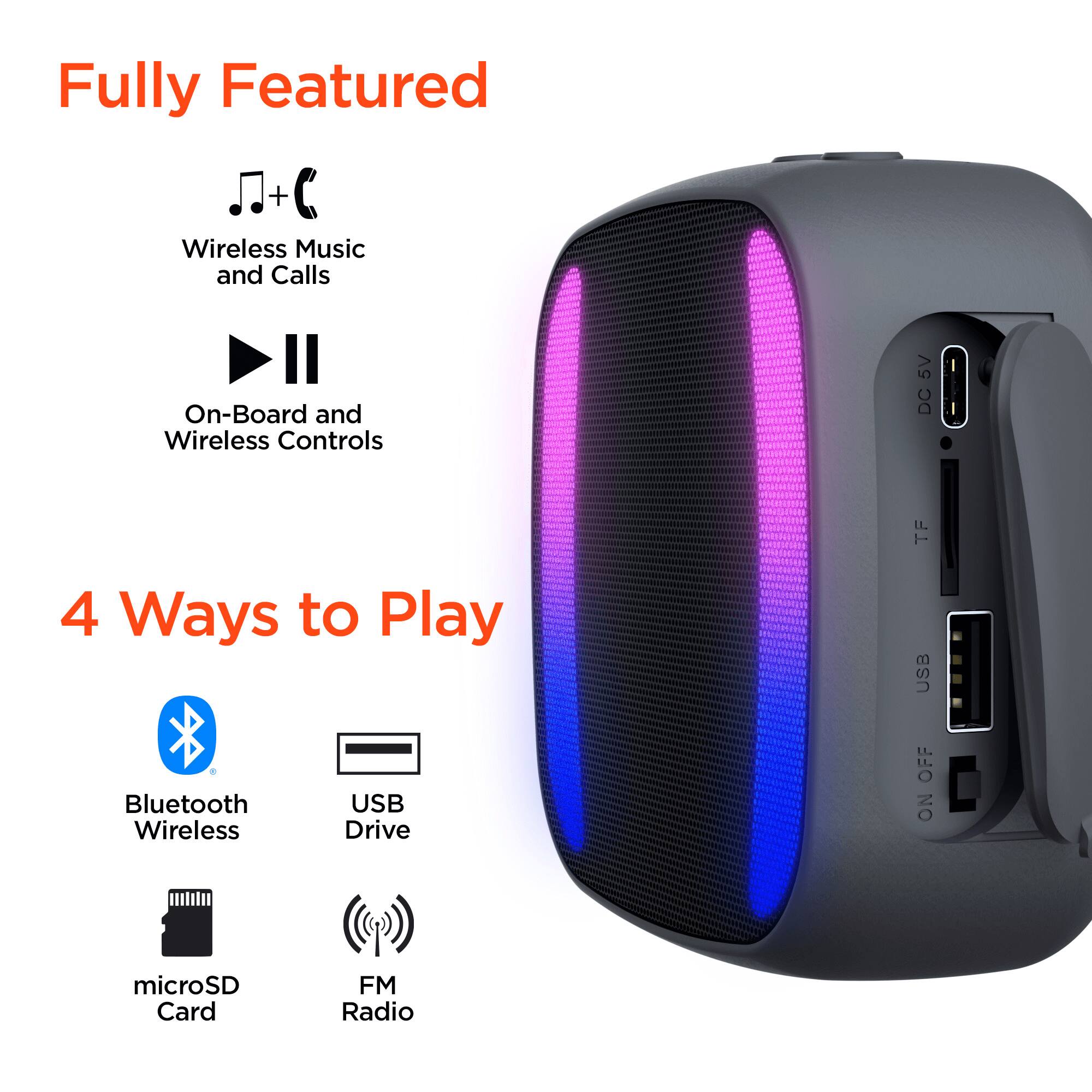 Fully Featured  
Wireless Music and Calls  
On-Board and Wireless Controls  

4 Ways to Play  
Bluetooth Wireless  
USB Drive  
microSD Card  
FM Radio  

5V DC  
TF  
USB  
ON OFF
