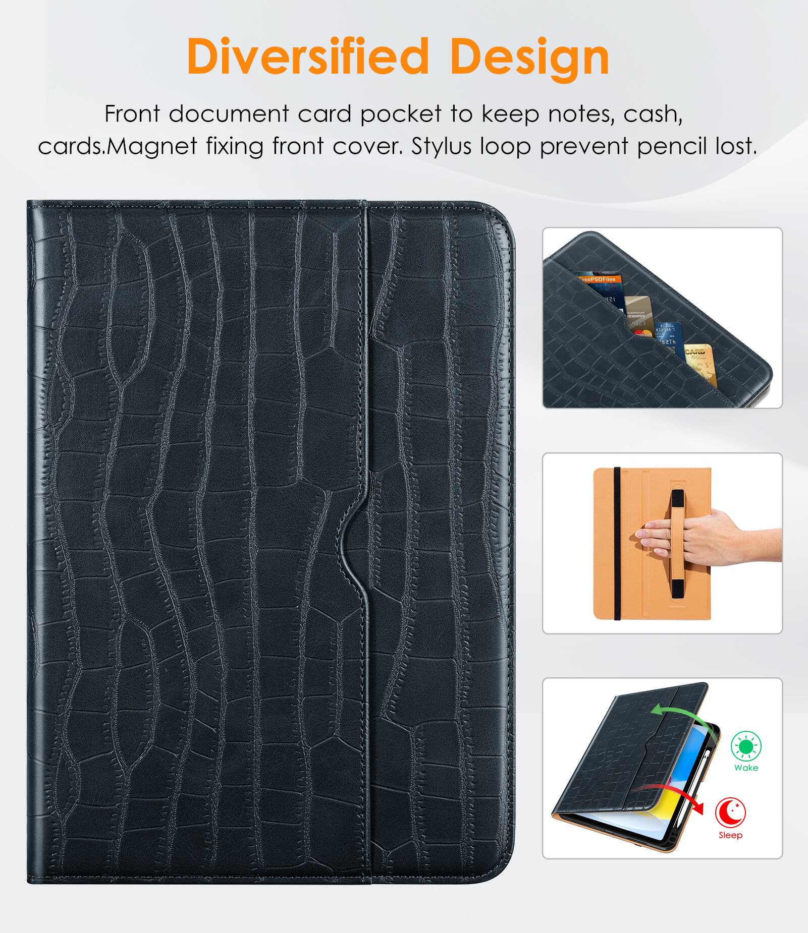 Diversified Design

Front document card pocket to keep notes, cash, cards. Magnet fixing front cover. Stylus loop prevent pencil lost.

Wake Sleep