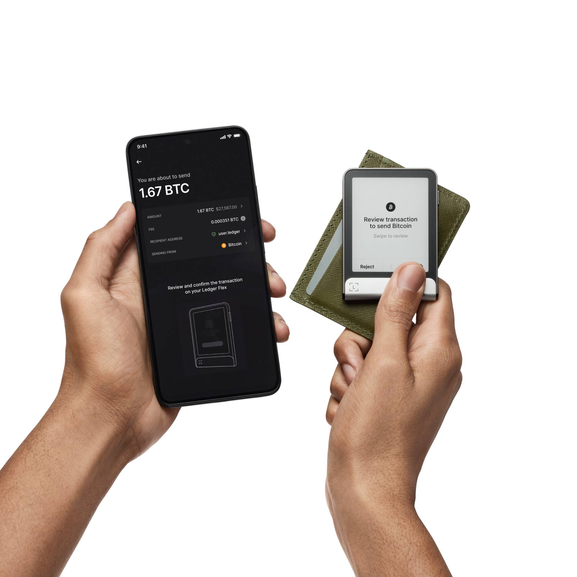 The text on the image reads: "41 - about to send You are 1.67 TC SAP BTC 527.54700 -DUT 0,000351 BTC FE -oe NN ADRESS Binuoin . SEON-T i a Review transaction to send Ditcoin Swipe - revew Reject confem th transaction ng and Plex an your Leager."