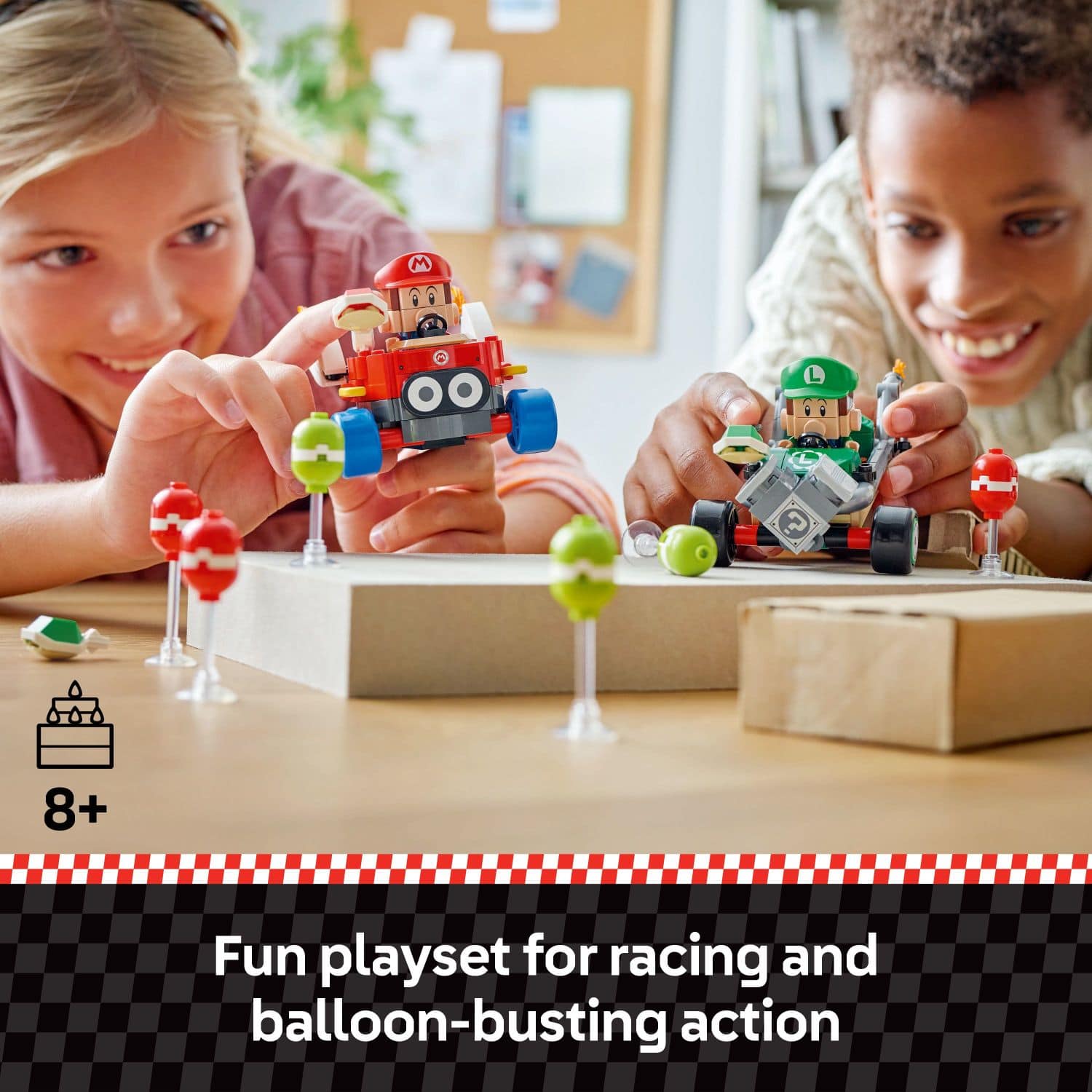 The text on the image reads: "Fun playset for racing and balloon-busting action."