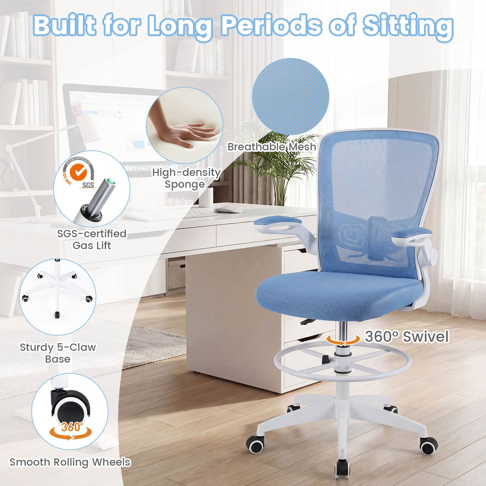 Built for Long Periods of Sitting  
uDoN SGS Breathable Mesh High-density Sponge SGS-certified Gas Lift Sturdy 5-Claw Base 360 Swivel 360 Smooth Rolling Wheels