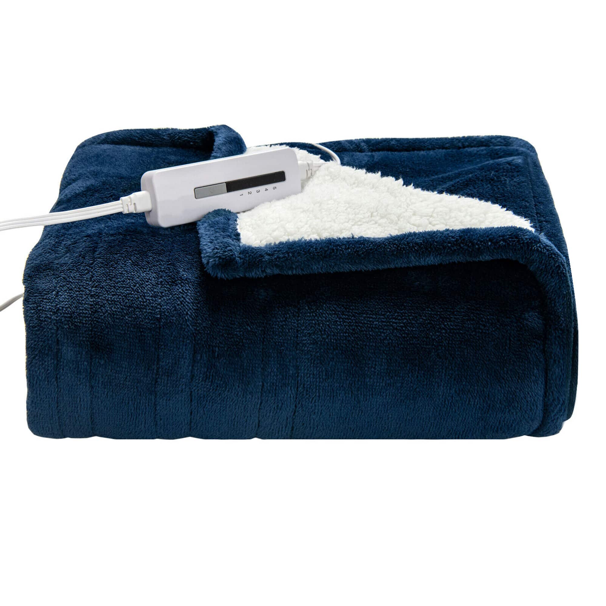 Front. Costway - 60''x 50'' Heated Throw Blanket Flannel & Sherpa Double-sided Flush - Blue.
