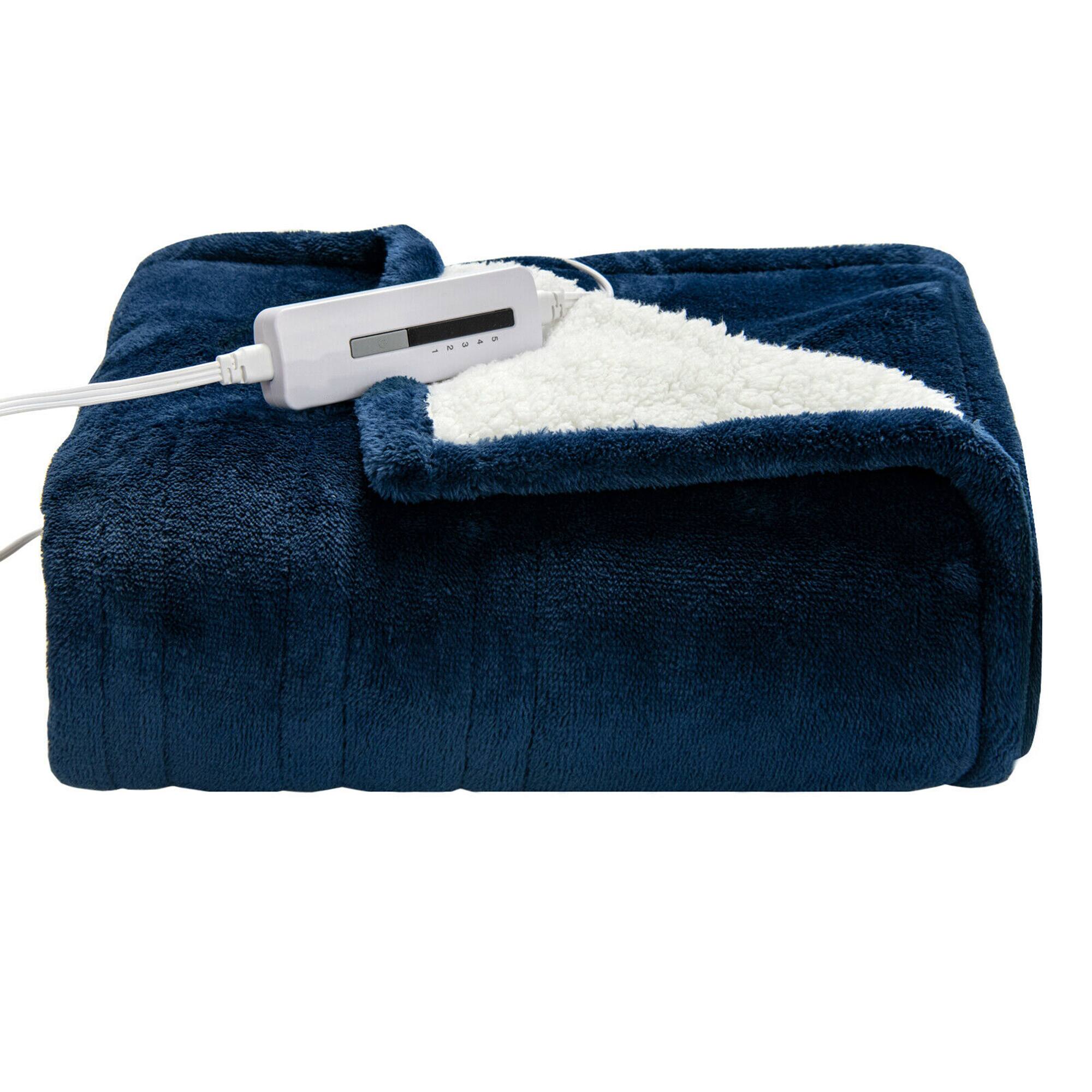 Costway - 60''x 50'' Heated Throw Blanket Flannel & Sherpa Double-sided Flush - Blue