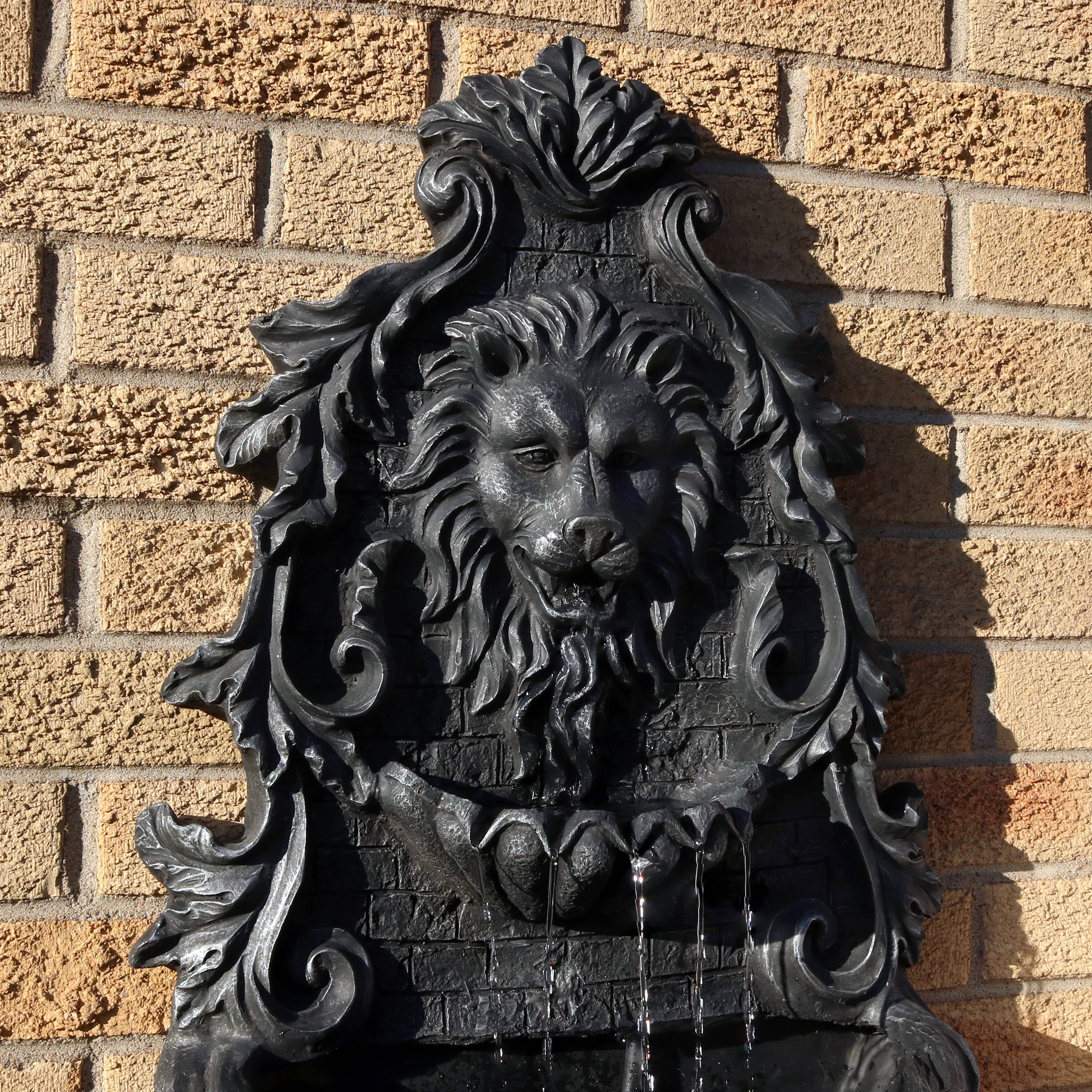 Alt View 4. Sunnydaze - Stoic Courage Lion Head Polyresin Outdoor Solar Wall Fountain - Grey.