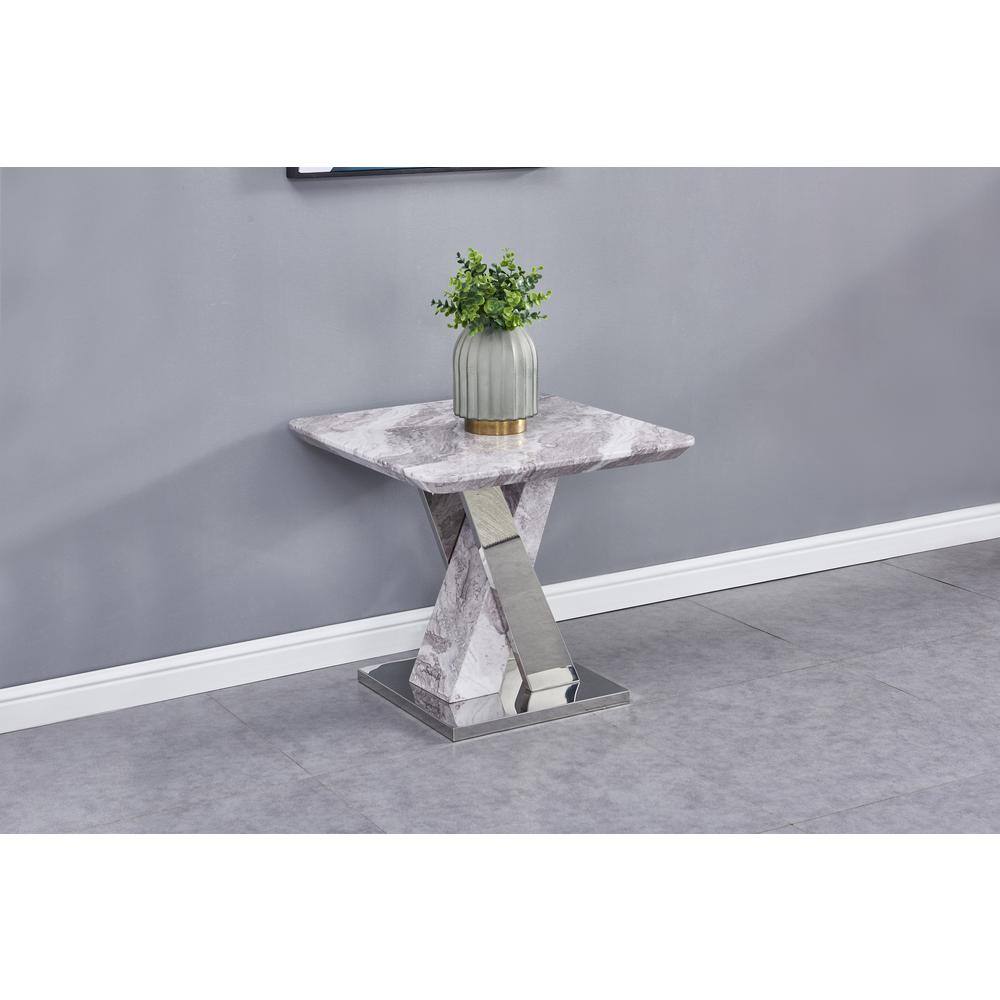 Angle. Best Quality Furniture - White Faux Marble End Table w/Stainless Steel X-Base - White.