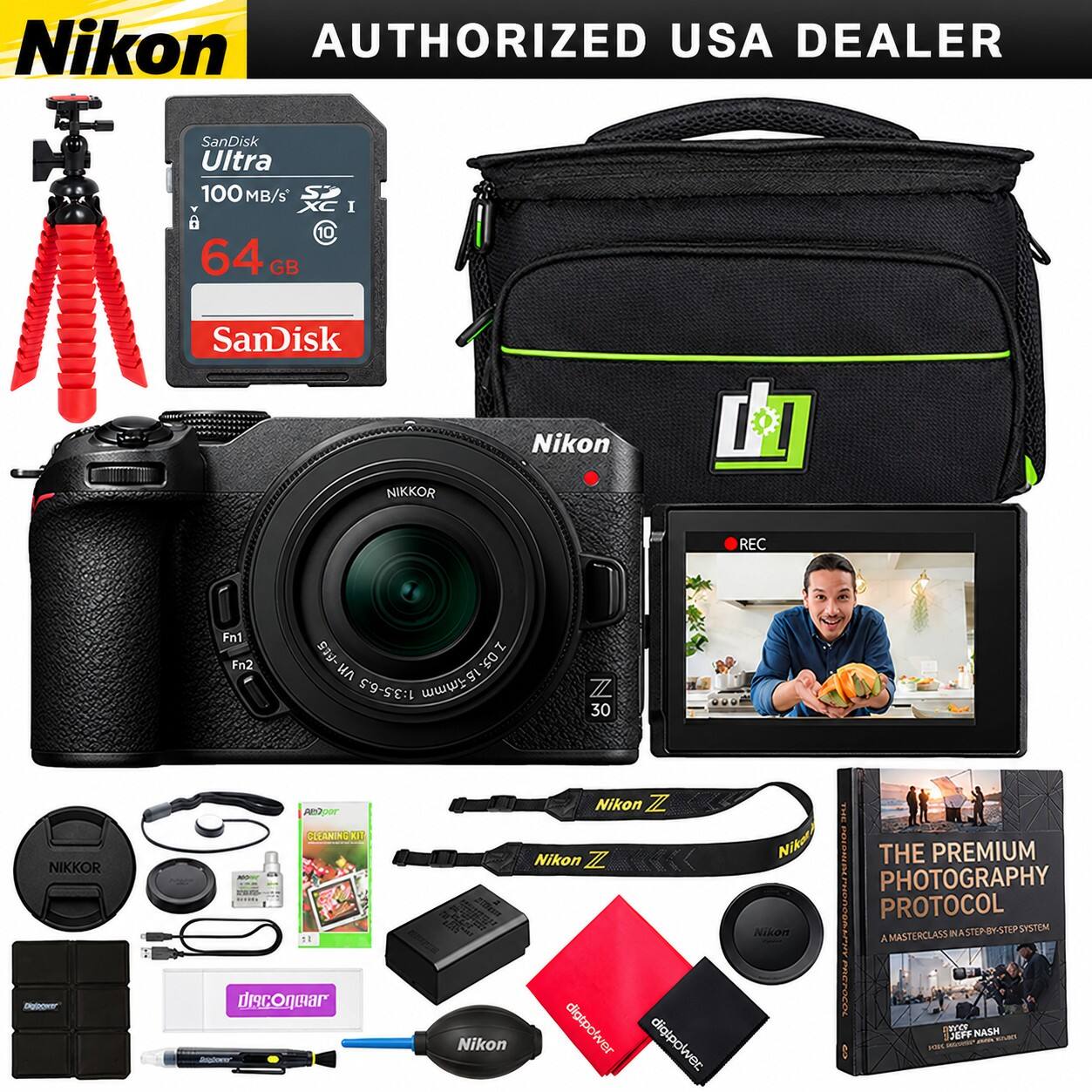 Nikon AUTHORIZED USA DEALER

SanDisk Ultra 100MB/S SD XC I 6 @ 64GB

SanDisk
Nikon
NIKKOR
REC
Fn1 Fn2
- N 1.5 1:35-6.5 WWWF
Z 30
NIKKOR Digipters
peopor CLEANING KIT disconmar Sapon
Nikon Z Nikon Z Nikon digtpower diglpower
Nikon THE PREMIUM PHOTOGRAPHY PROTOCOL Nikon STEP-BY-STEP SYSTEM A MASTERCLASS DAYCE NASH JEFF STOPER FOR