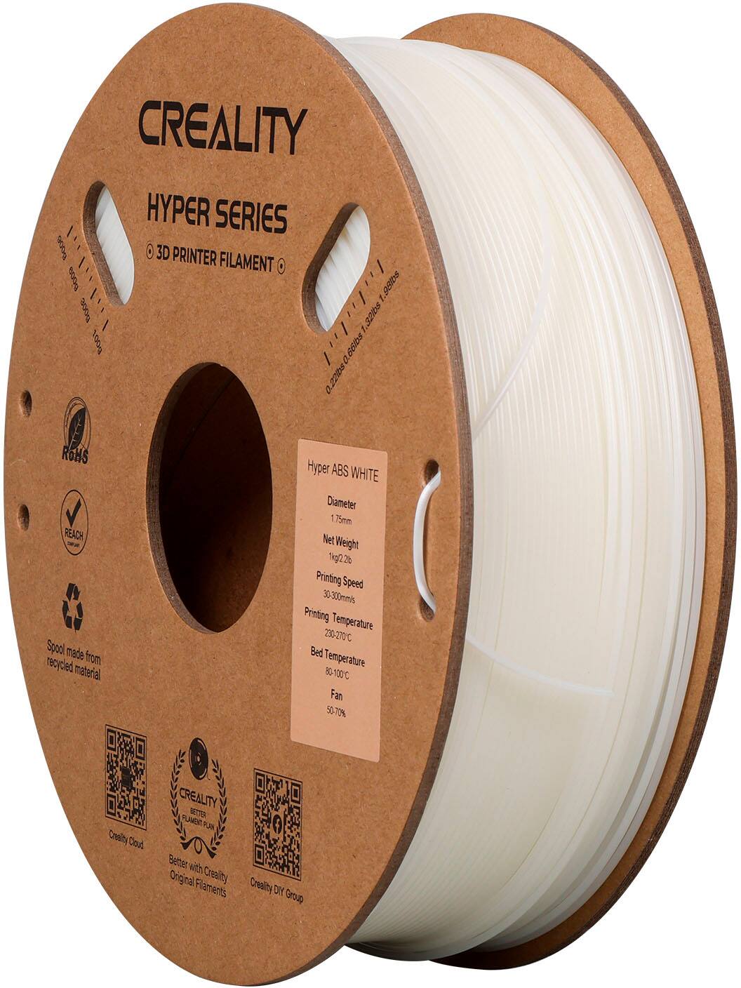CREALITY HYPER SERIES 400 3D PRINTER FILAMENT O / 00 1.95lbs no0e bibilil 32i0s 1 Bo0I 86l0s a 0.22ibs ROHS REACH Spool made recycled from material Hyper ABS WHITE Diameter 1.75mm 1 Net Weight 1kg/2.26 Printing Speed 30-300mms Printing Temperature 230-270C Bed Temperature 80-100C Fan 50-70% Croality Doud CREALITY T PLMER PUAN Better with Original Creality Creaity Flaments DY Group