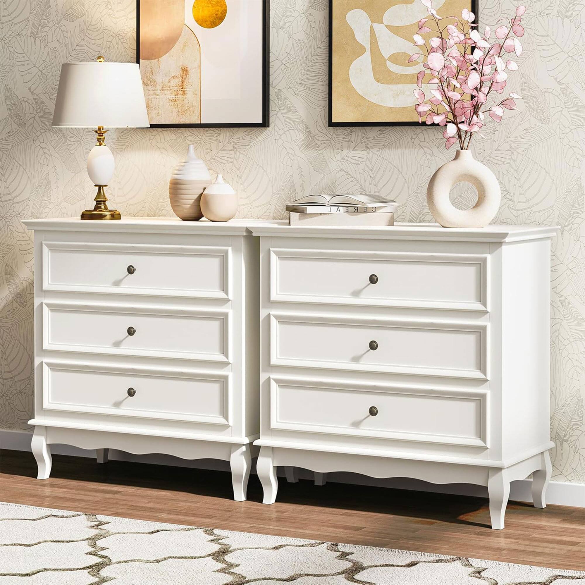 Front. RoyalCraft - RoyalCraft Wood Storage Drawer Nightstand Bedroom End Tables, White, Set of 2 - White.