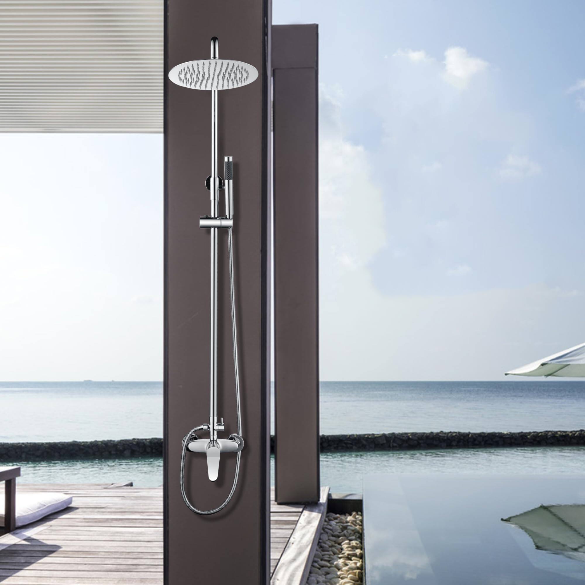 Left. Dazzed Corner - Outdoor Shower Kit, SS304 Handheld, High Pressure Head - Chrome.