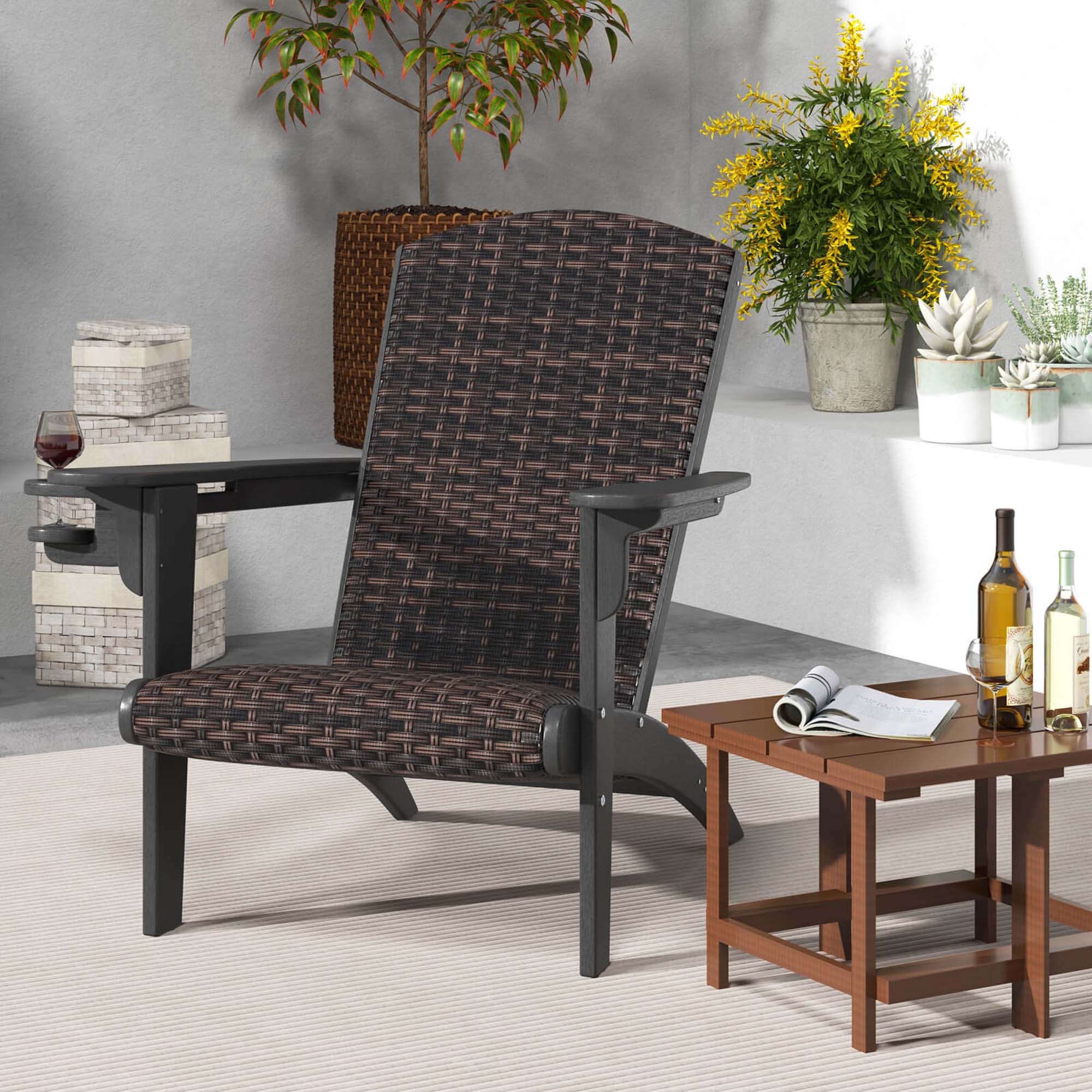 Angle. Costway - Patio Adirondack Chair with Rattan Padded Seat Wide Armrests & Hidden Cupholder - Black,Mix Brown.