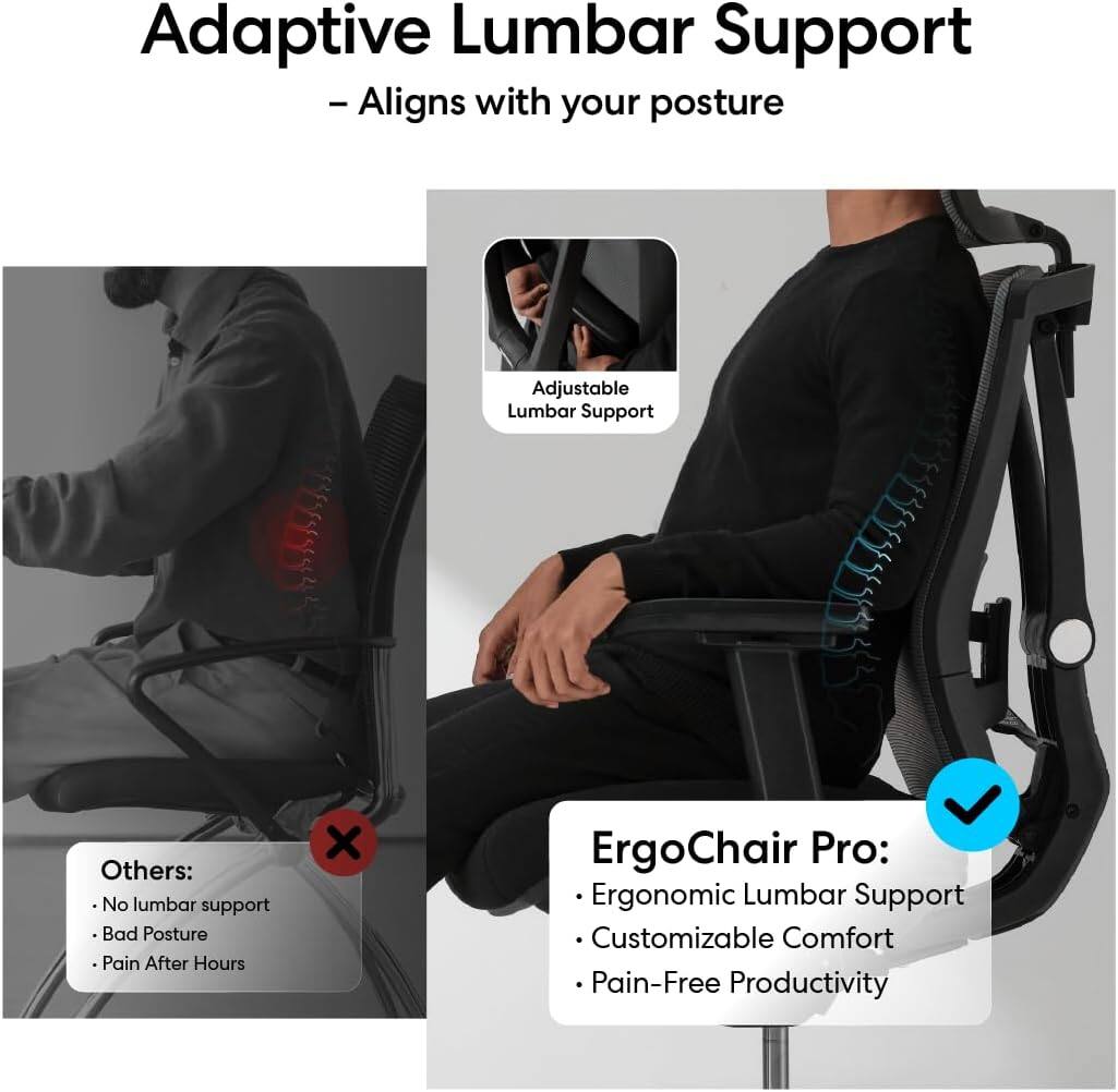 Adaptive Lumbar Support  
- Aligns with your posture  

Others:  
- No lumbar support  
- Bad Posture  
- Pain After Hours  

ErgoChair Pro:  
- Ergonomic Lumbar Support  
- Customizable Comfort  
- Pain-Free Productivity