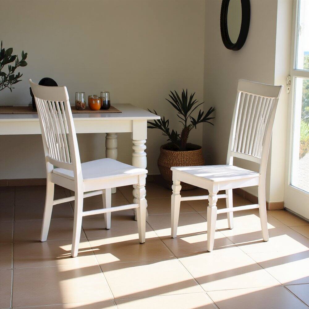 Alt View 1. FurniFact - Elegant White Wooden Dining Chairs – Slatted Back - Linen White.