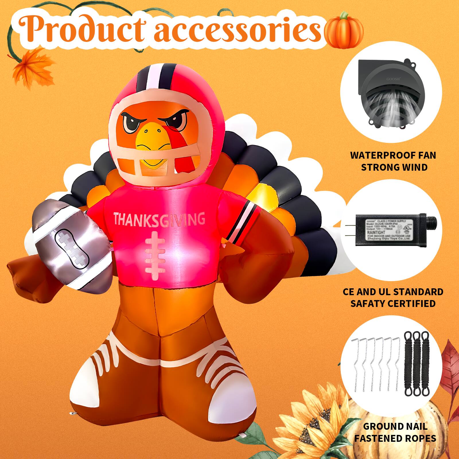 Product accessories

- WATERPROOF FAN STRONG WIND
- CE AND UL STANDARD SAFETY CERTIFIED
- GROUND NAIL FASTENED ROPES