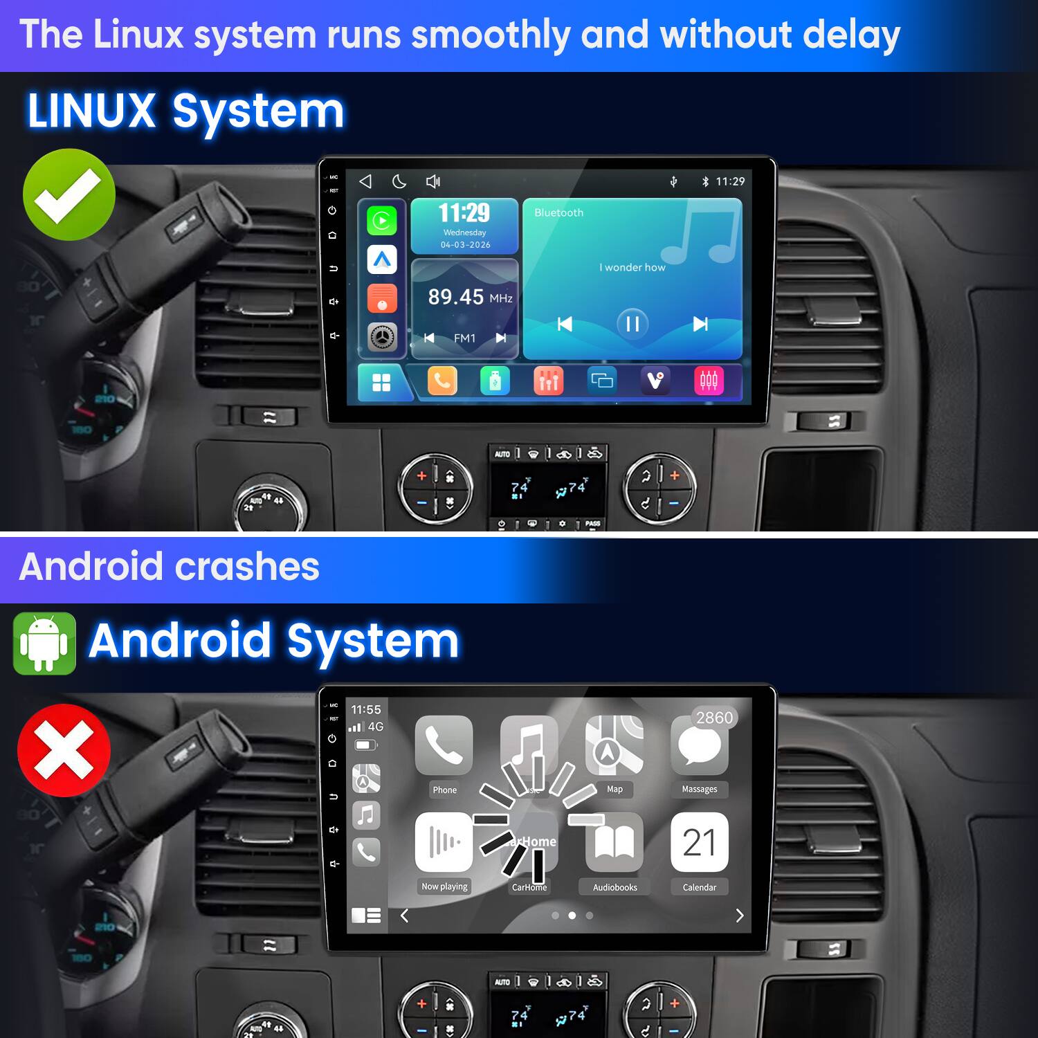 The Linux system runs smoothly and without delay  
LINUX System

Android crashes  
Android System