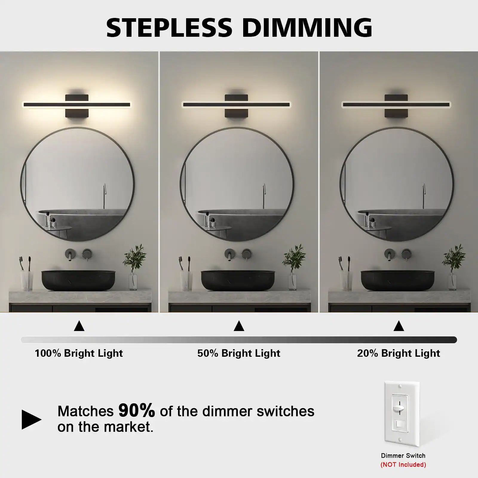 Stepless Dimming

100% Bright Light

50% Bright Light

20% Bright Light

Matches 90% of the dimmer switches on the market.

Dimmer Switch (NOT Included)