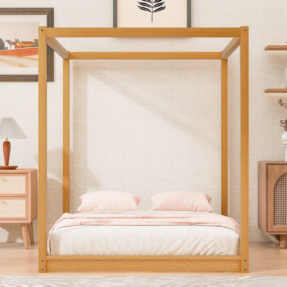 Left. Loheer - Loheer Queen Canopy Bed Natural Wood Platform Bed Frame - Natural.