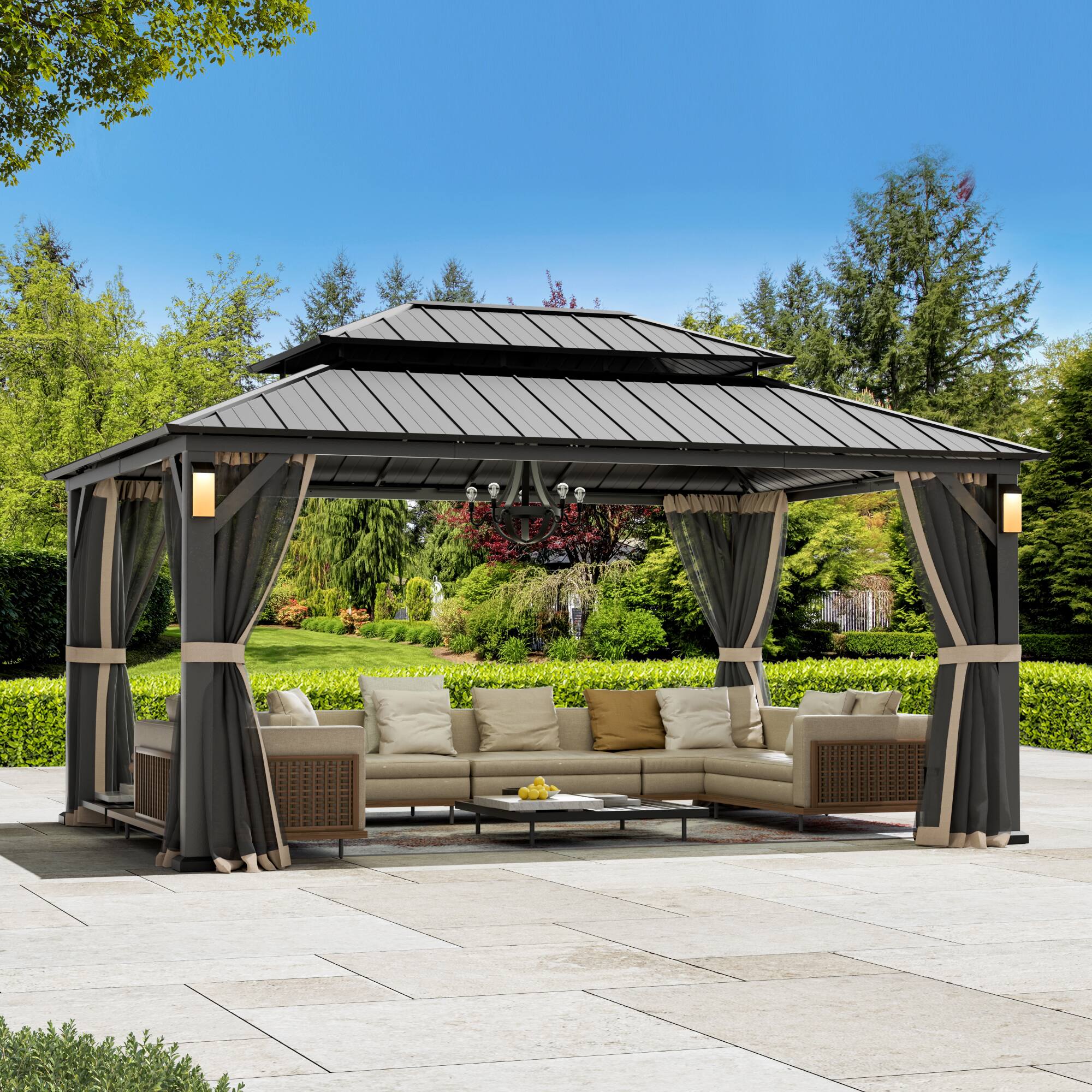 Front. Big Leaf - Big Leaf Outdoor Gazebo 12' x 16' Permanent Galvanized Steel Double Roof  with 4 LED Lights.