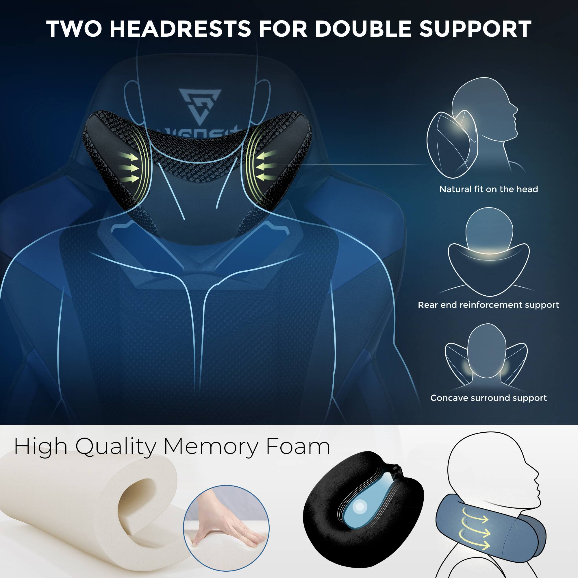 TWO HEADRESTS FOR DOUBLE SUPPORT

- Natural fit on the head
- Rear end reinforcement support
- Concave surround support

High Quality Memory Foam