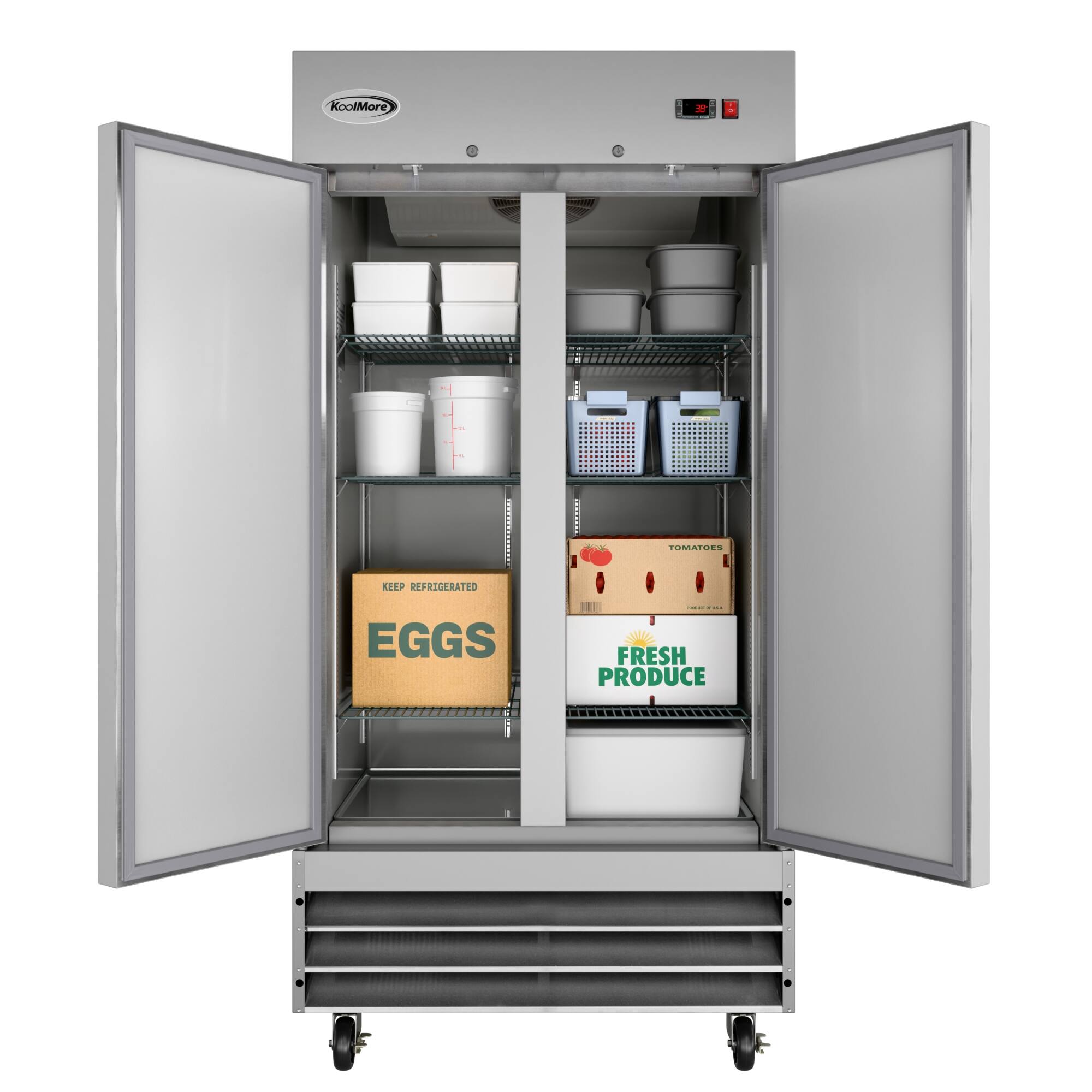 The image shows a refrigerator with a shelf full of boxes of eggs and fresh produce. The refrigerator is designed for keeping perishable items at a low temperature, ensuring their freshness and preventing spoilage. The boxes of eggs are placed on the shelf, along with other items such as fresh produce, which are stored in the refrigerator to maintain their quality and taste. The refrigerator is an essential appliance in many households and businesses, providing a convenient and efficient way to store and preserve perishable food items.