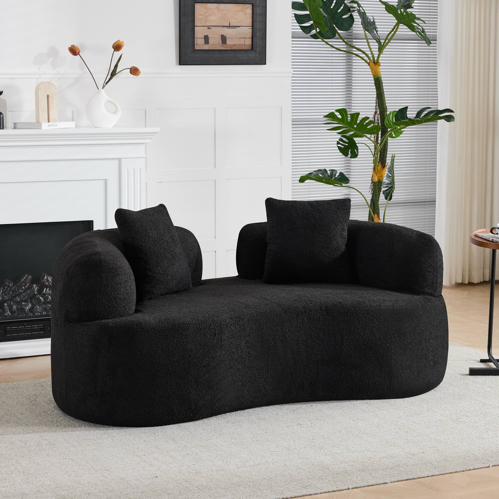 Left. GOODSILO - Modern Curved Loveseat Sofa with Teddy Velvet Fabric for Small Spaces and Apartments - Black.