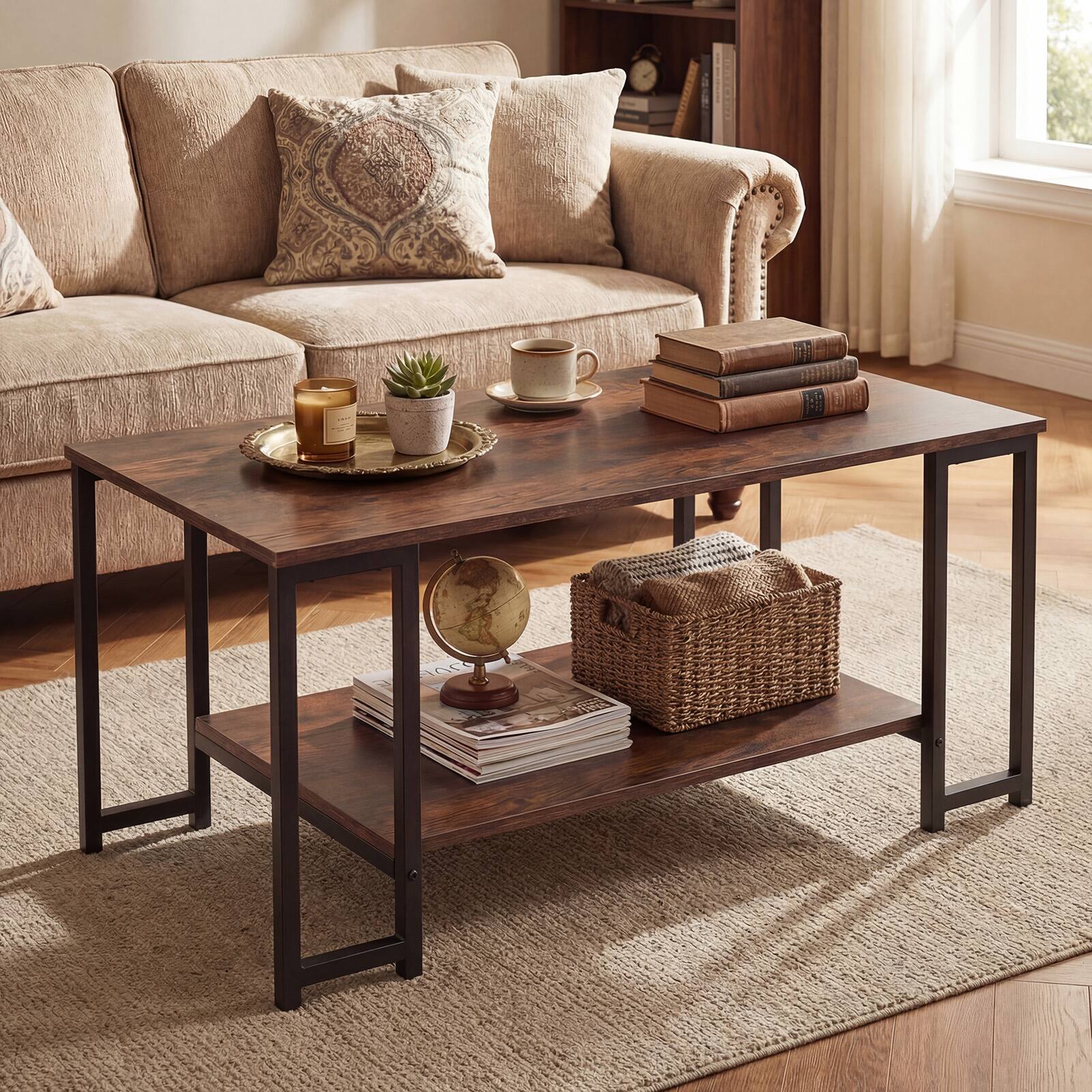 Alt View 5. Costway - Costway 2-Tier Coffee Table, Modern Accent Table with Open Storage Shelf, Center Table - Rustic Brown.
