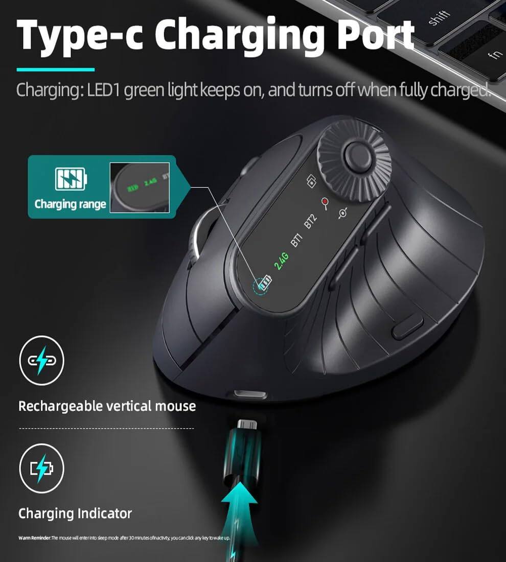 Type-c Charging Port

Charging: LED1 green light keeps on, and turns off when fully charged.

Charging range: RID BT2 BT1 2.4G

Rechargeable vertical mouse

Charging Indicator

Warm Reminder: The mouse will enter sleep mode after 30 minutes of inactivity. You can click any key to wake up.