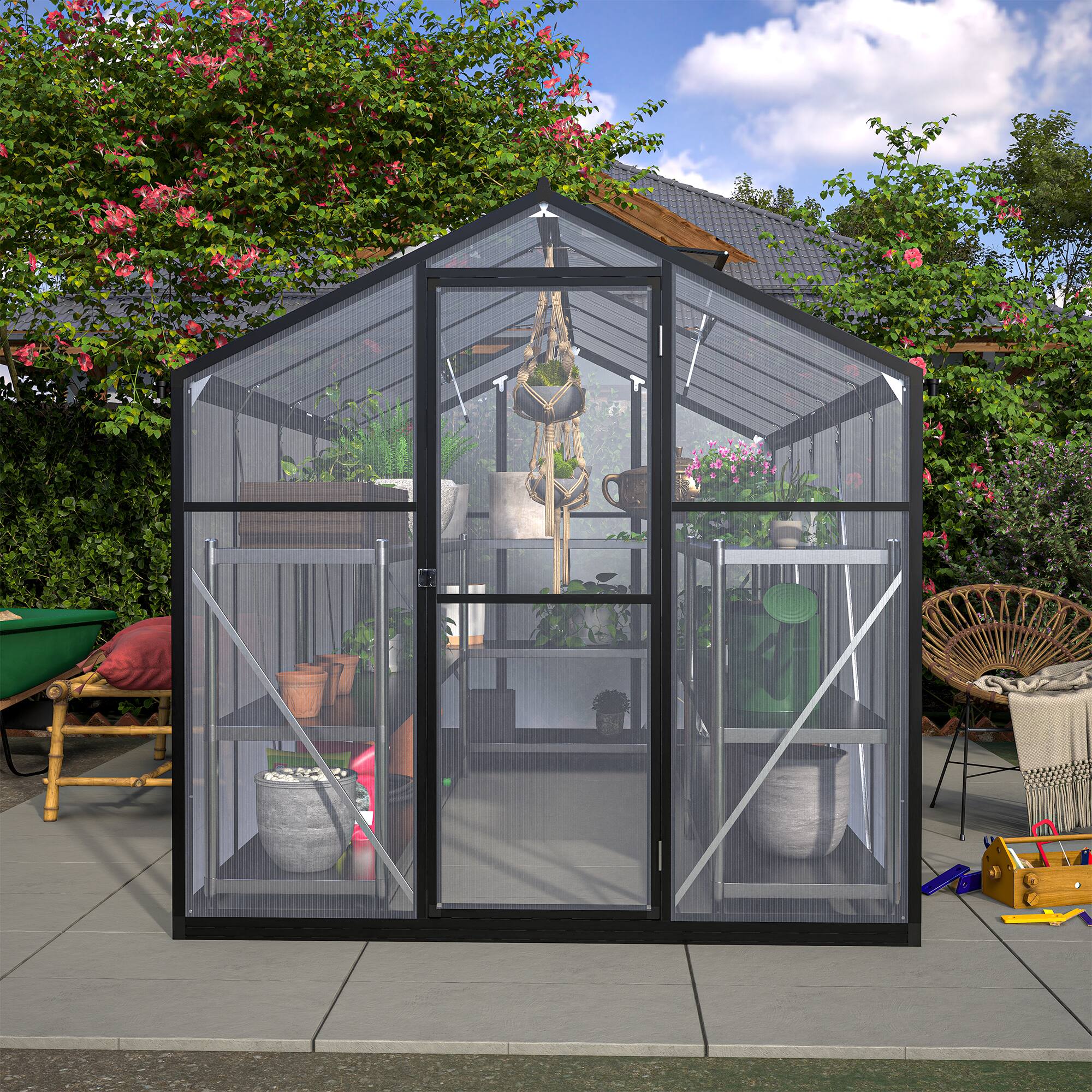 Left. Mondawe - 6x10 ft Outdoor Polycarbonate Greenhouse with Aluminum Frame,Lockable Door & Adjustable Roof Vent - Black.