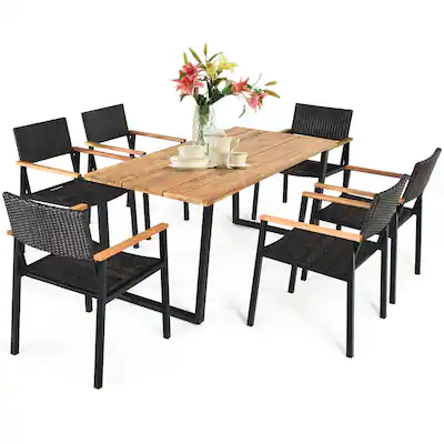 costway 7pcs patio rattan dining set table top w/umbrella hole 7 Pieces With Stackable Chairs and Umbrella REBEL This outside furniture set features a rectangular tabletop with a 1.97 umbrella hole that fits most standard patio umbrellas (not included) Costway 7-Piece Outdoor Patio Dining