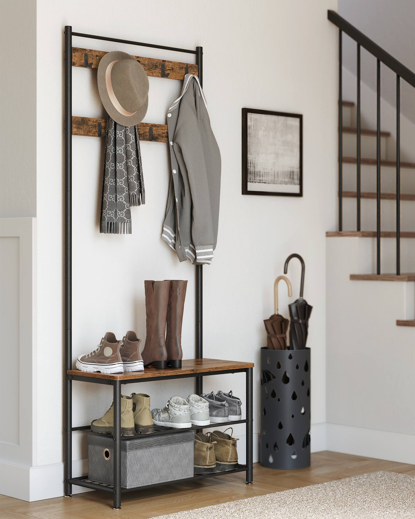 Alt View 5. Songmics Home - Coat Rack, Hall Tree with Shoe Storage Bench, Entryway Bench with Shoe Storage, 3-in-1, Steel Frame, for Entryway - Rustic Brown and Black.
