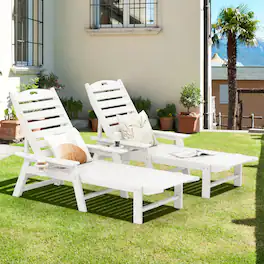 Costway - 2PCS Patio Lounge Chair Chaise Adjustable Weatherproof HDPE Cup Holder - White