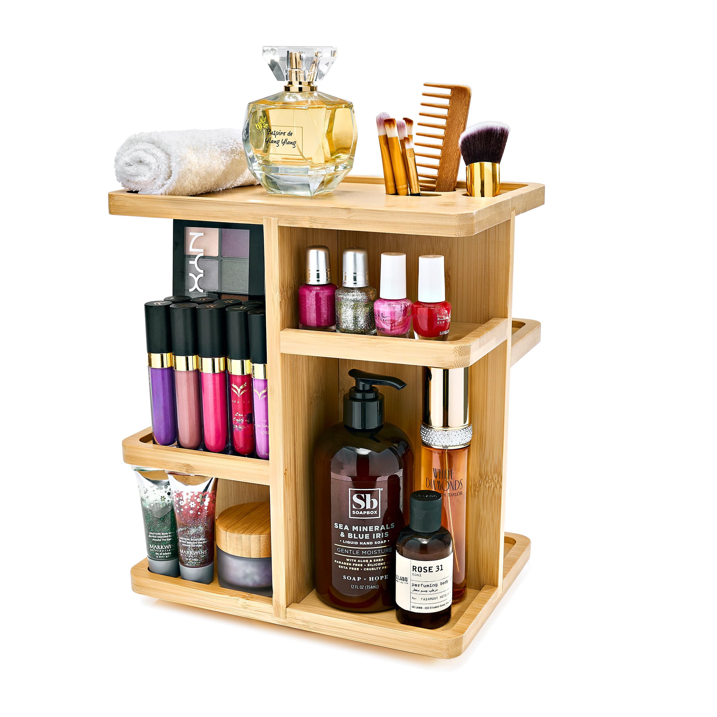 Sorbus - 360° Bamboo Rotating Makeup Organizer - Multi-Function Storage Carousel stores Cosmetics, Skin Care - Beige