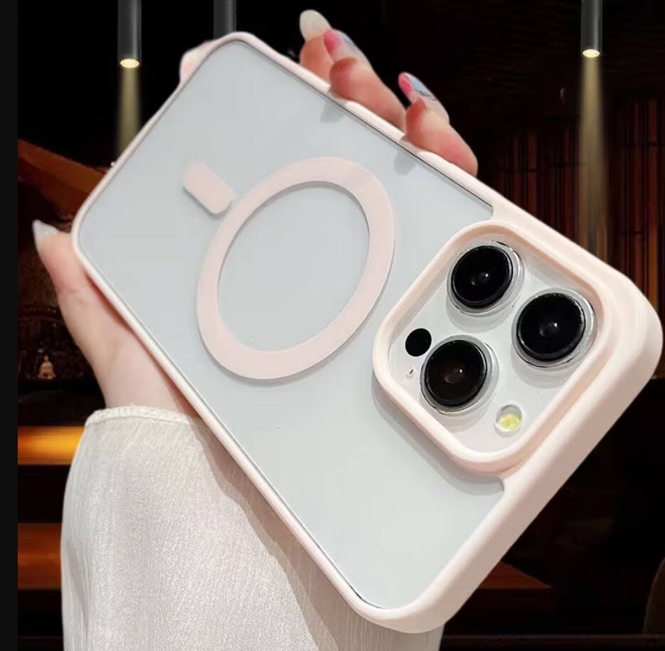 Left. Gravity Ridge - Magnetic Case for iPhone 15 Pro Clear Phone Case Magsafe Slim & Tough, Pocket-friensly Transparent Cover - Pink.