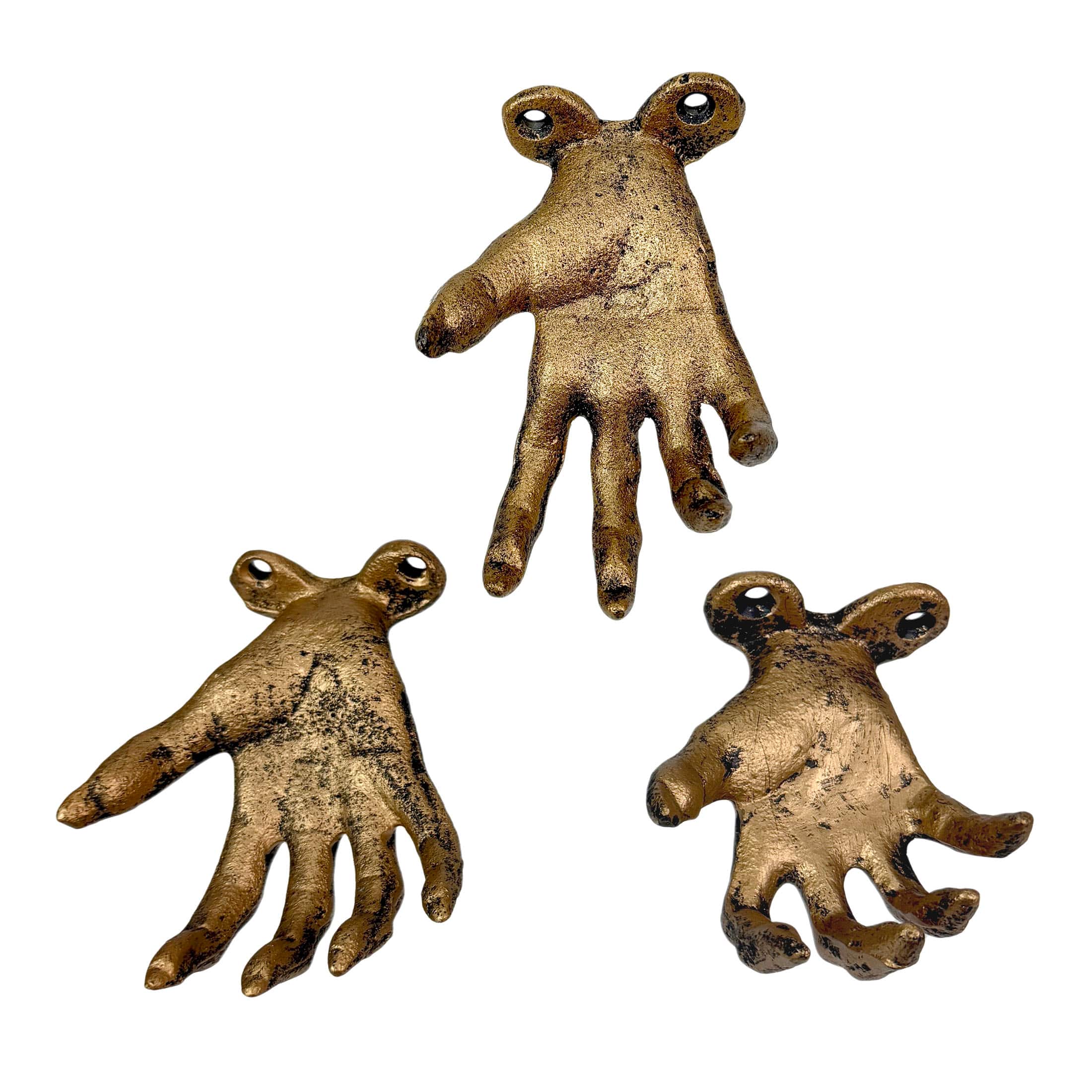 Zeckos - Set of 3 Creepy Hand Wall Hooks Antique Cast Iron Gothic Decor - Gold