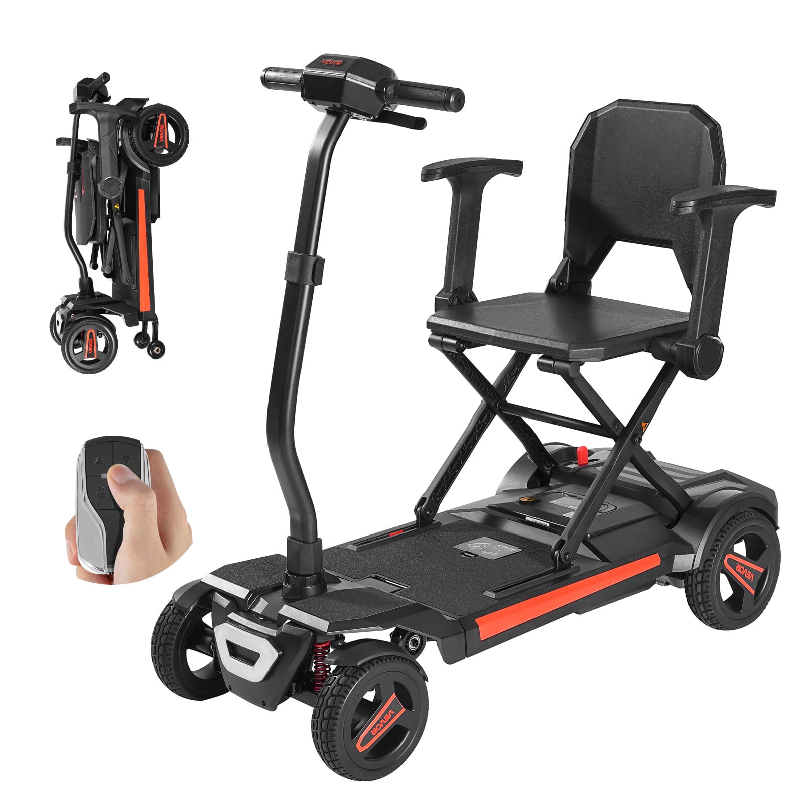 VEVOR - 4-Wheel Electric Mobility Scooter for Adults & Seniors, Integrated Automatic Folding Mobility Scooter - Black,Orange